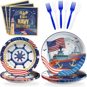SCIONE 96 piezas de decoraciones de fiesta azul marino, juego de vajilla para fiestas temáticas náuticas, platos desechables y servilletas, SCIONE 96 piezas de decoraciones de fiesta azul marino, juego de vajilla para fiestas temáticas náuticas, platos desechables y servilletas,