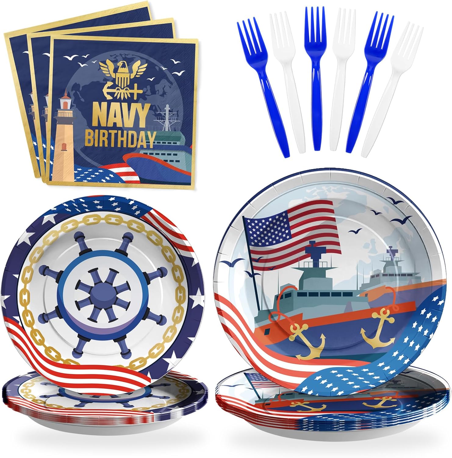 SCIONE 96 piezas de decoraciones de fiesta azul marino, juego de vajilla para fiestas temáticas náuticas, platos desechables y servilletas,