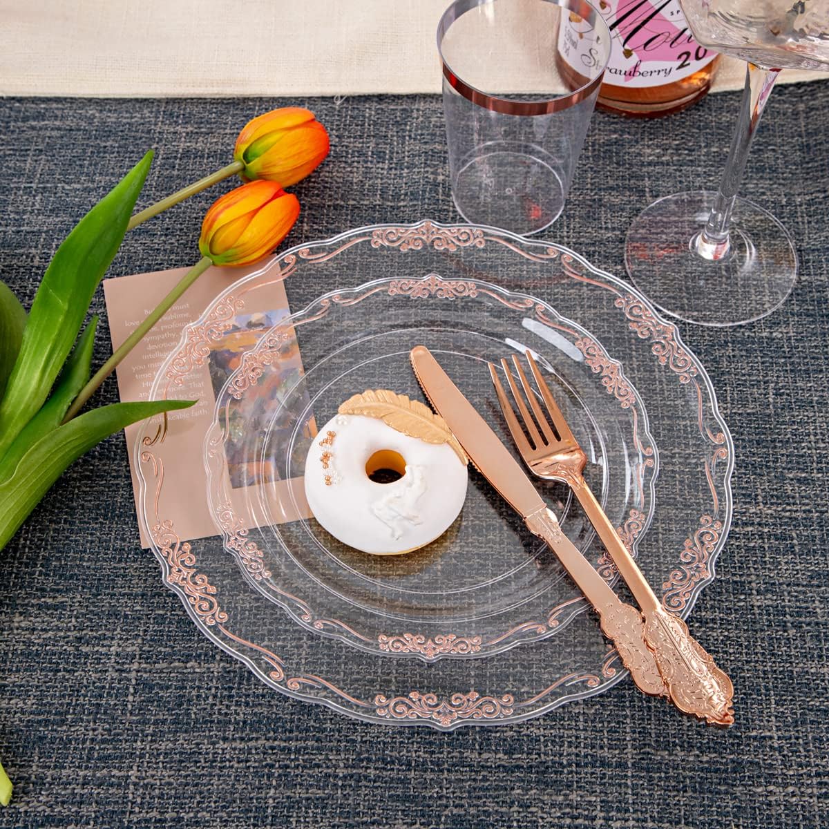 LIYH – 210 platos de plástico transparente y oro rosa con cubiertos desechables de oro rosa que incluyen 30 platos de cena, 30 platos de ensalada,