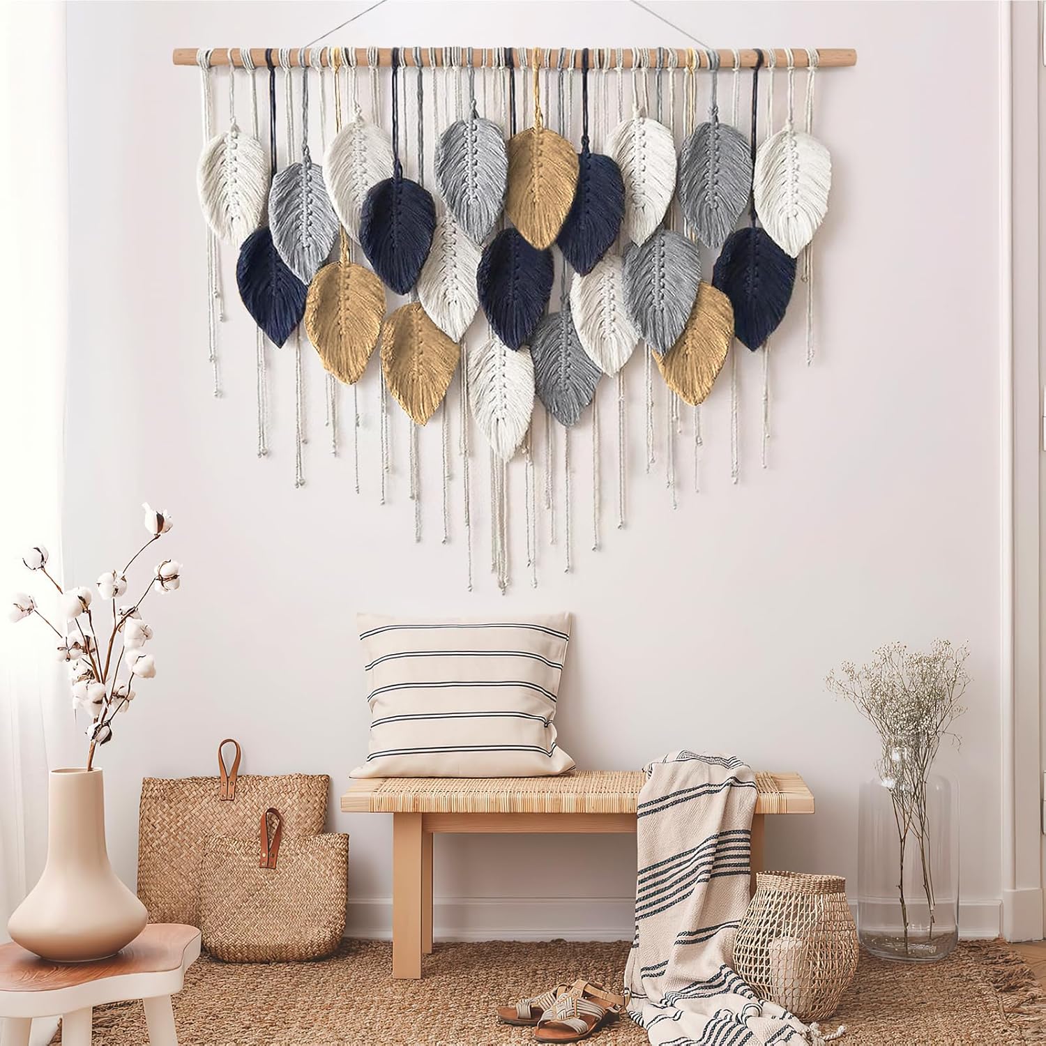 Alynsehom Tapiz de macramé para colgar en la pared, bohemio hecho a mano, elegante decoración de pared para dormitorio, sala de estar, guardería,