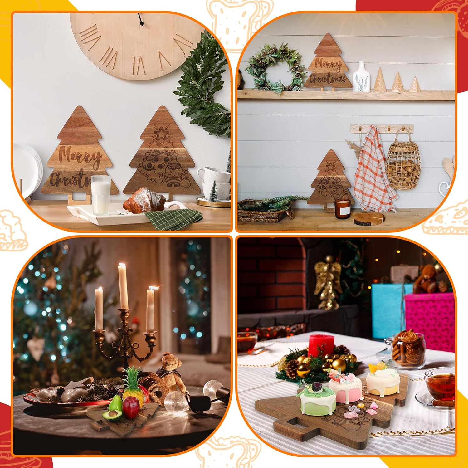 2 tablas de charcutería de Navidad para árbol de Navidad, cocina, tabla de cortar de madera con mango de madera de acacia de Papá Noel, bonita tabla