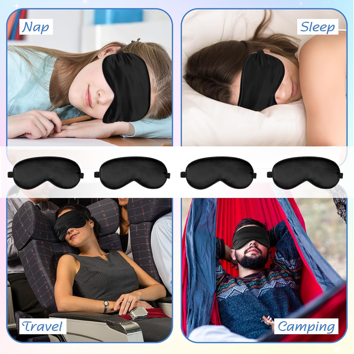 BBTO Máscara de seda para dormir, 4 unidades, máscara de ojos suave con correa ajustable para el hombro, máscara de ojos para sombrear el sueño,