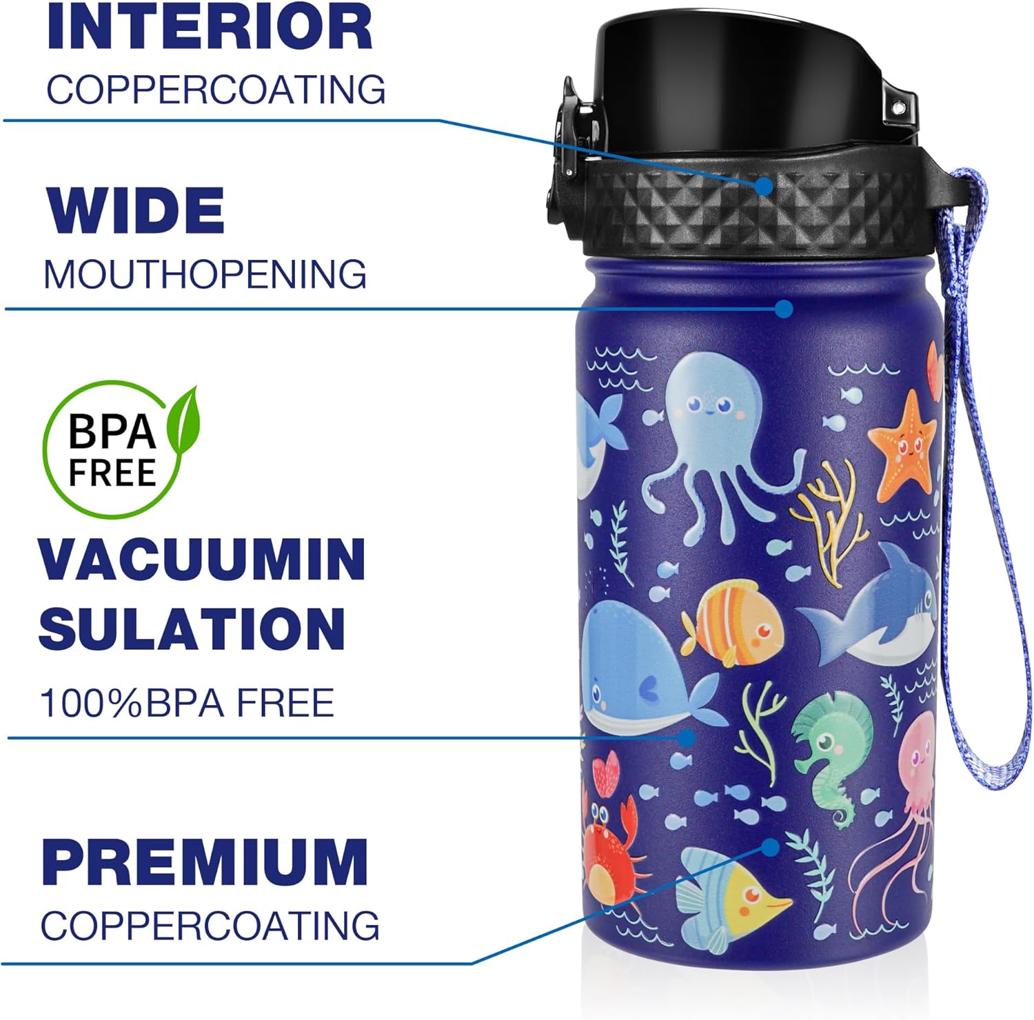 GOPPUS Botella de agua aislada para niños, 14 onzas, sin BPA, botella de viaje de acero inoxidable 188 con popote y doble pared al vacío a prueba de
