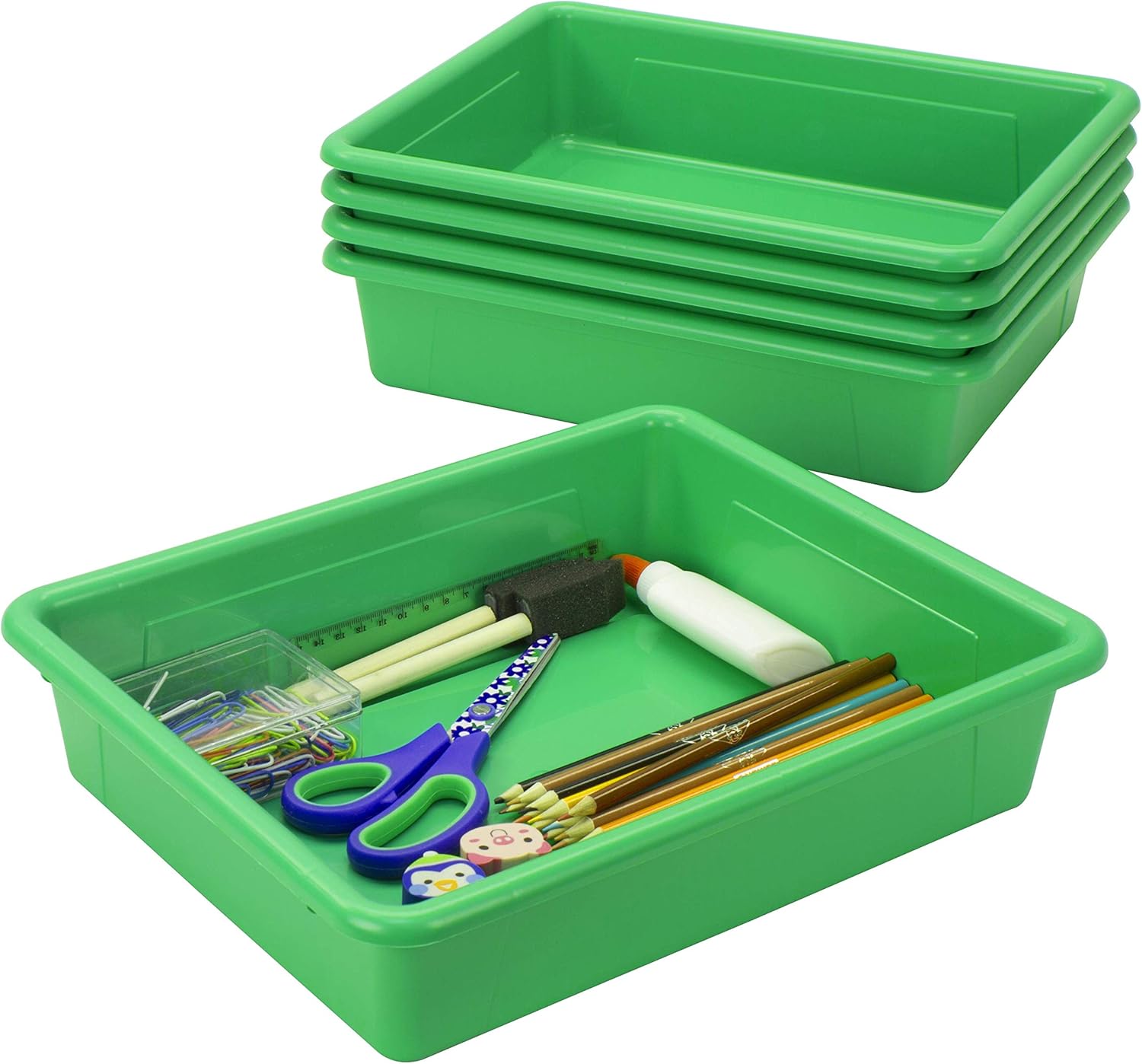 Storex Bandeja de almacenamiento plana tamaño carta, contenedor organizador con tapa sin broches para aula, oficina y hogar, verde, paquete de 5