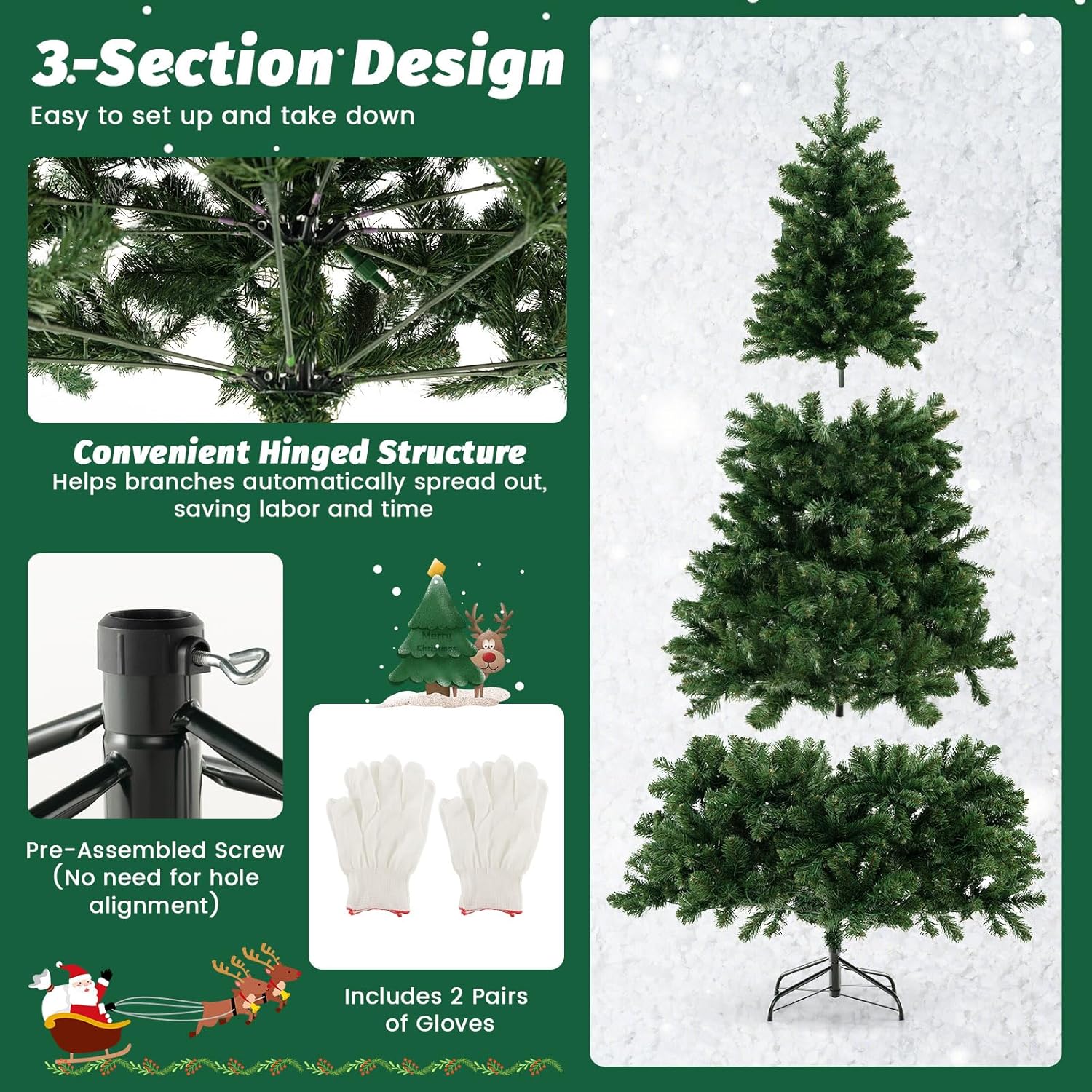 Goplus Árbol de Navidad artificial preiluminado de 6 pies, árbol de Navidad con bisagras con 821 puntas de rama, 560 luces LED blancas cálidas,