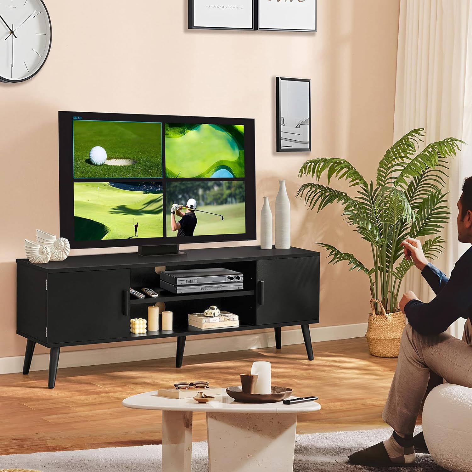 Iwell Soporte de TV para TV de 55, 65, 70 pulgadas, consola de TV con almacenamiento y estantes ajustables, centro de entretenimiento, soporte de TV