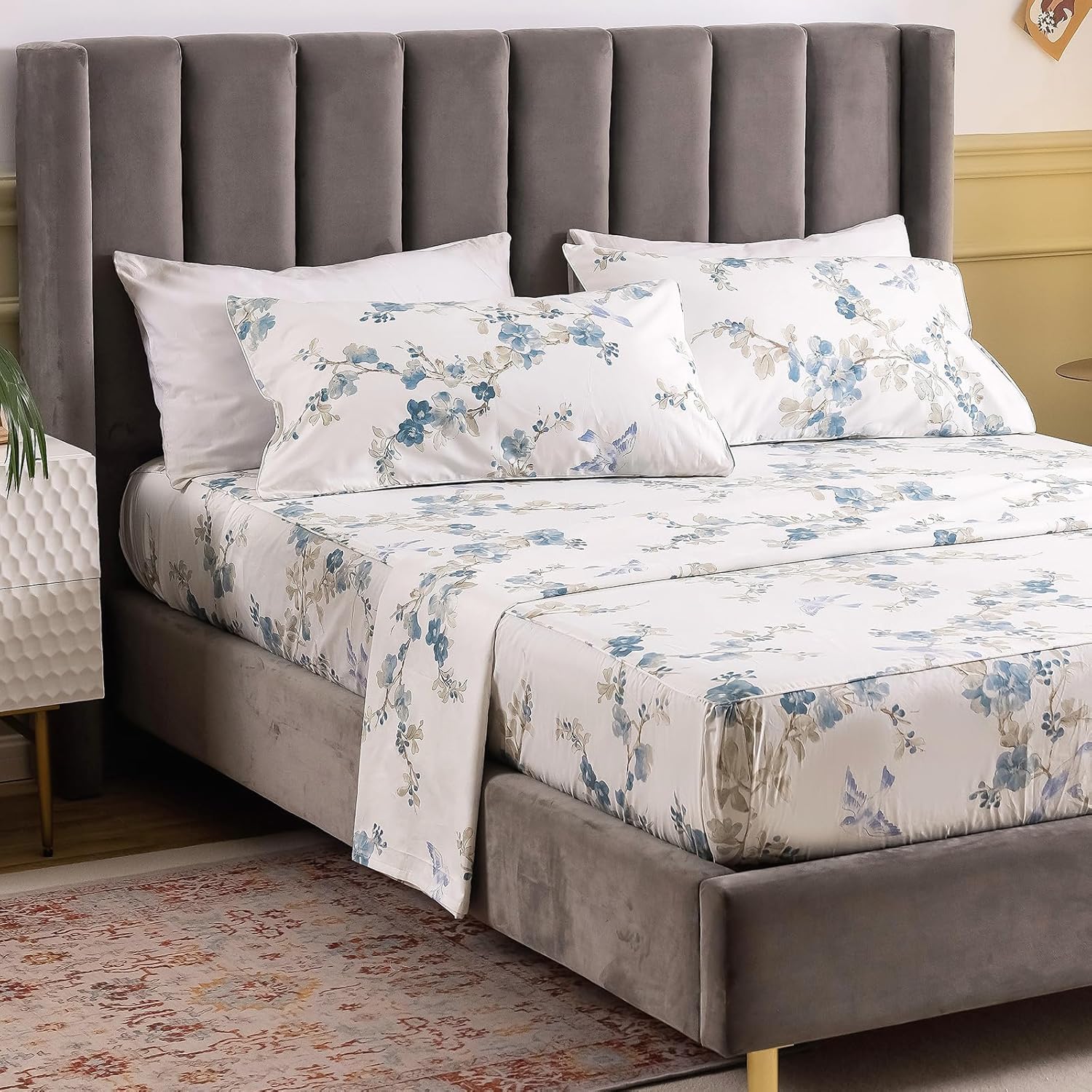 QSH Juego de 2 fundas de almohada 100 % de algodón egipcio con estampado de flores de pájaros azules para cama Queen, fundas de almohada con cierre