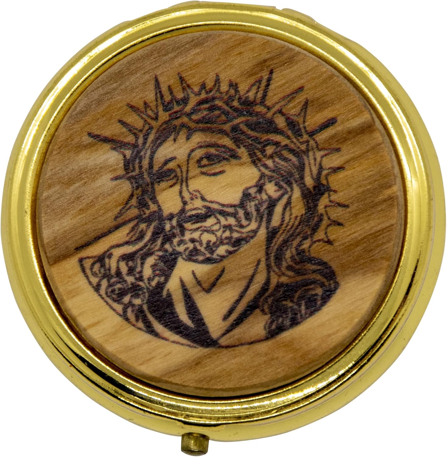 Venerare Pyx de 2 pulgadas para la sagrada comunión con medallón de madera de olivo