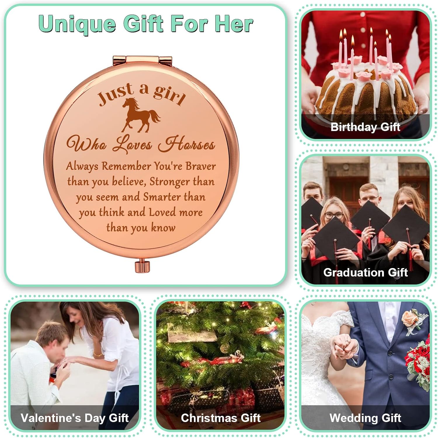 Regalo para amantes de los caballos, regalos para niñas, espejo de maquillaje compacto para hija, sobrina, regalos ecuestres para mujeres, regalos