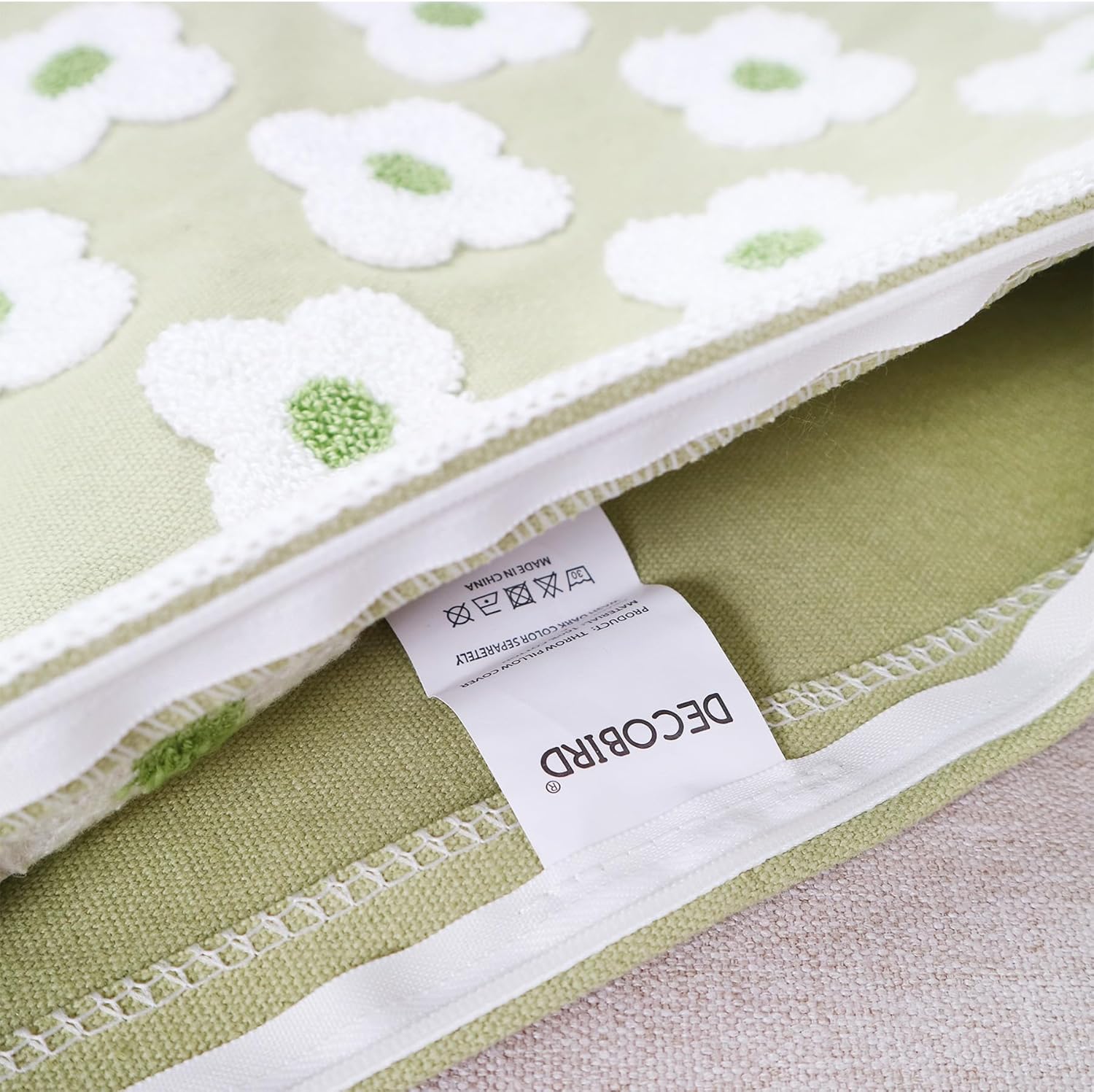 Funda de almohada bordada de 12 x 20 pulgadas, diseño floral verde claro, decoración del hogar, funda de almohada bordada de lona de algodón gruesa