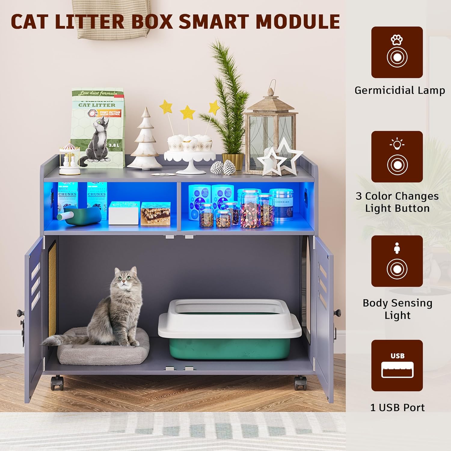 FOMNEY Caja de arena para gatos, mueble oculto con cuerpo humano, 3 luces LED de color, jaula para gatos con 2 cajones abiertos y 1 puerto USB, casa