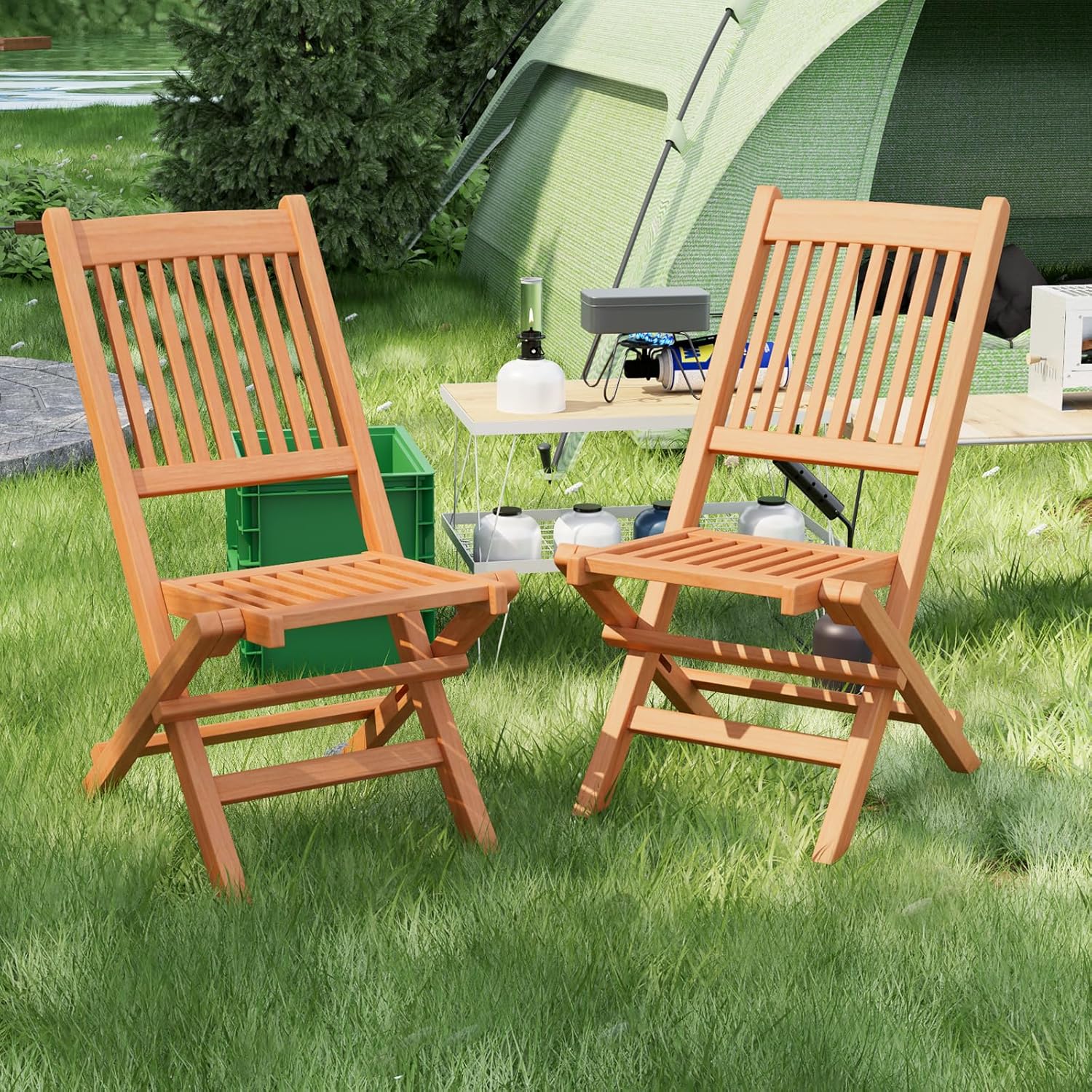 Giantex Sillas plegables para patio, sillas de madera de teca indonesia para exteriores con asiento y respaldo de rejillas, silla portátil de