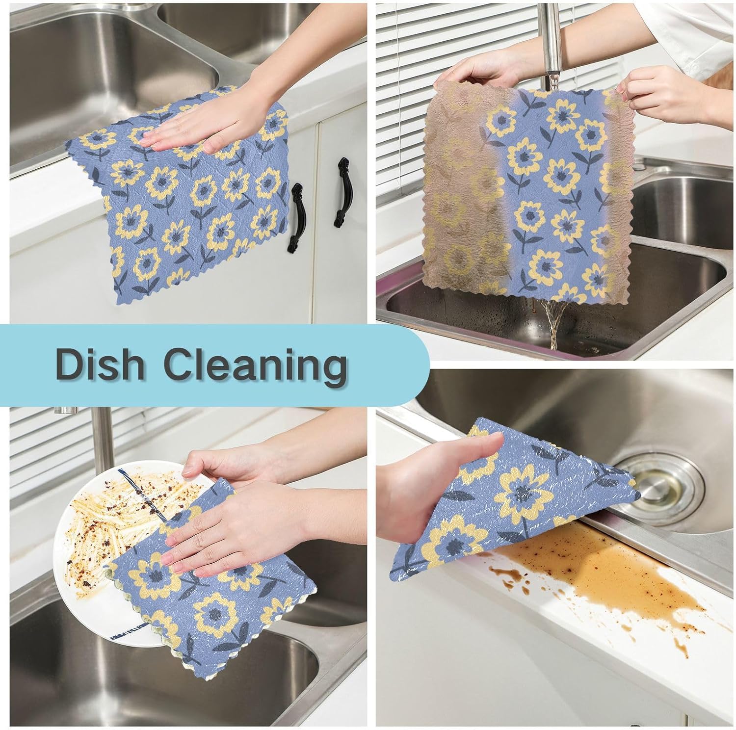 Retro Yellow Blue Flower Doodle Soft Decorative Microfiber Towel for Kitchen Quick Dry 6 Pack Dish Tea Towels for Countertop Oven