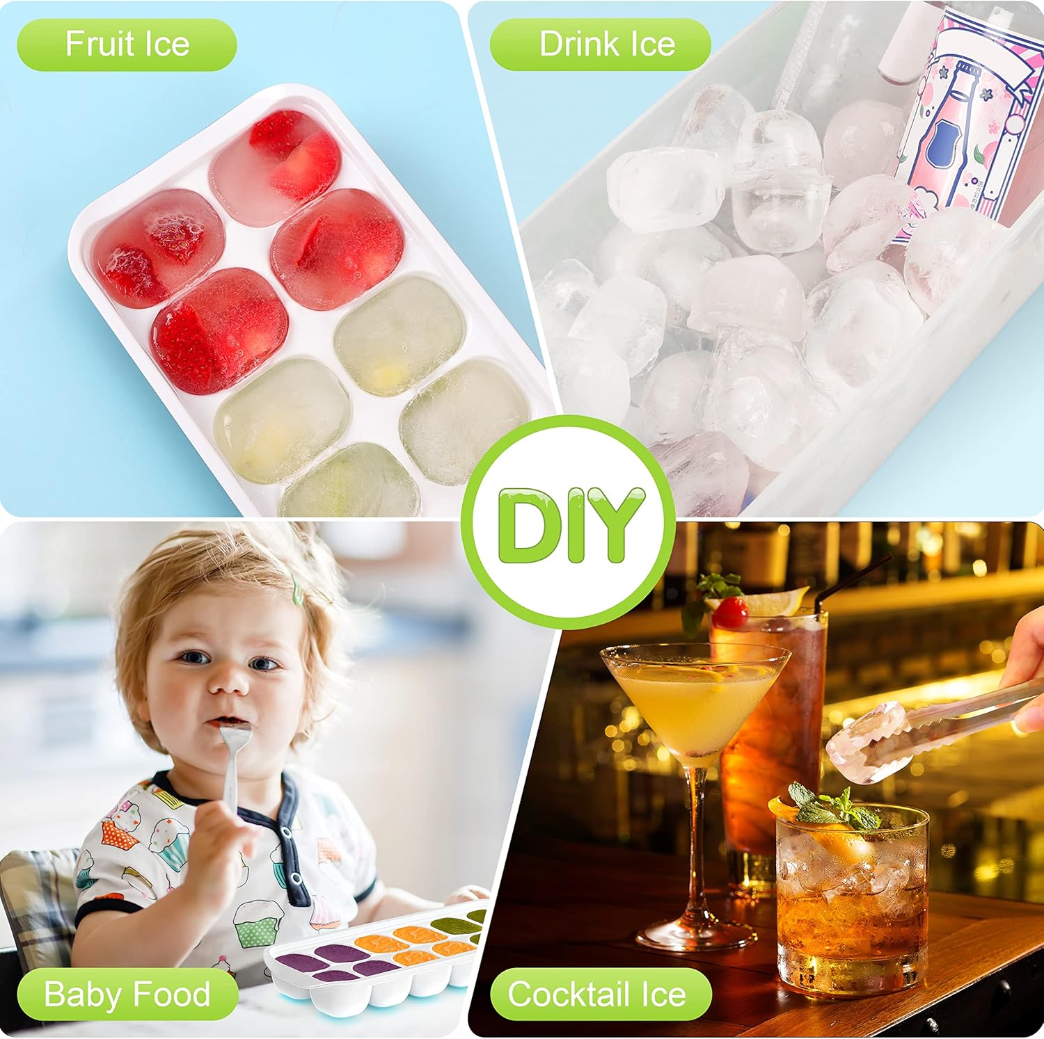 ICEXXP Paquete de 4 bandejas para cubitos de hielo con tapa y contenedor, bandejas de cubitos de hielo para congelador con caja de hielo, bandejas