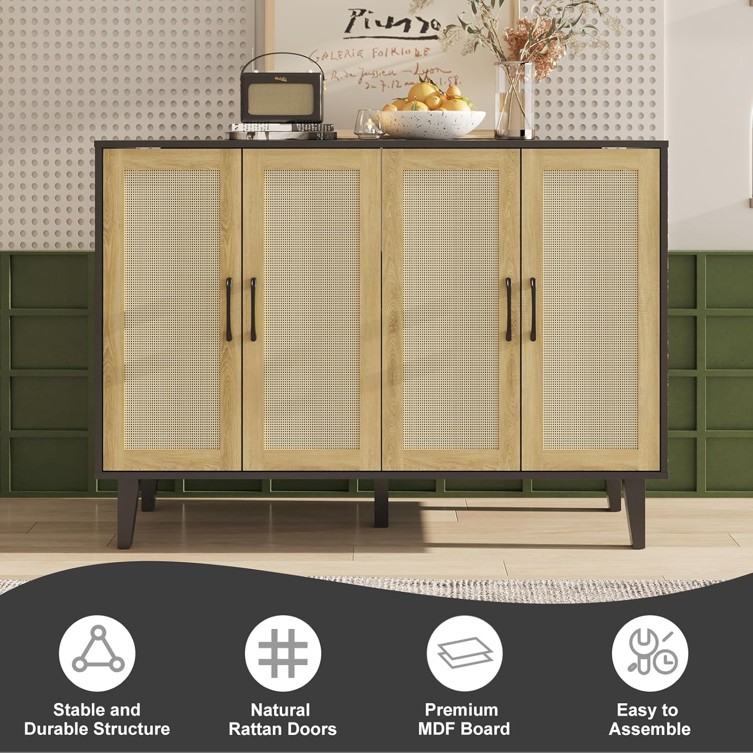 Kopuity Armario de almacenamiento con ribete de ratán, aparador de 4 puertas con almacenamiento, armario decorativo con estantes para baño,