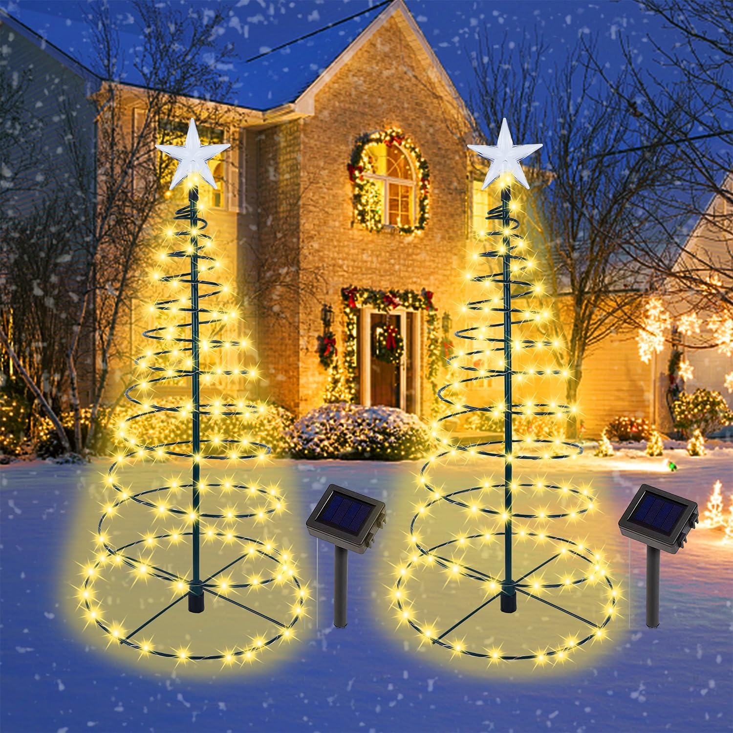 Dynaming Paquete de 2 árboles de Navidad solares en espiral con luces blancas cálidas, marcadores de camino de Navidad iluminados al aire libre de