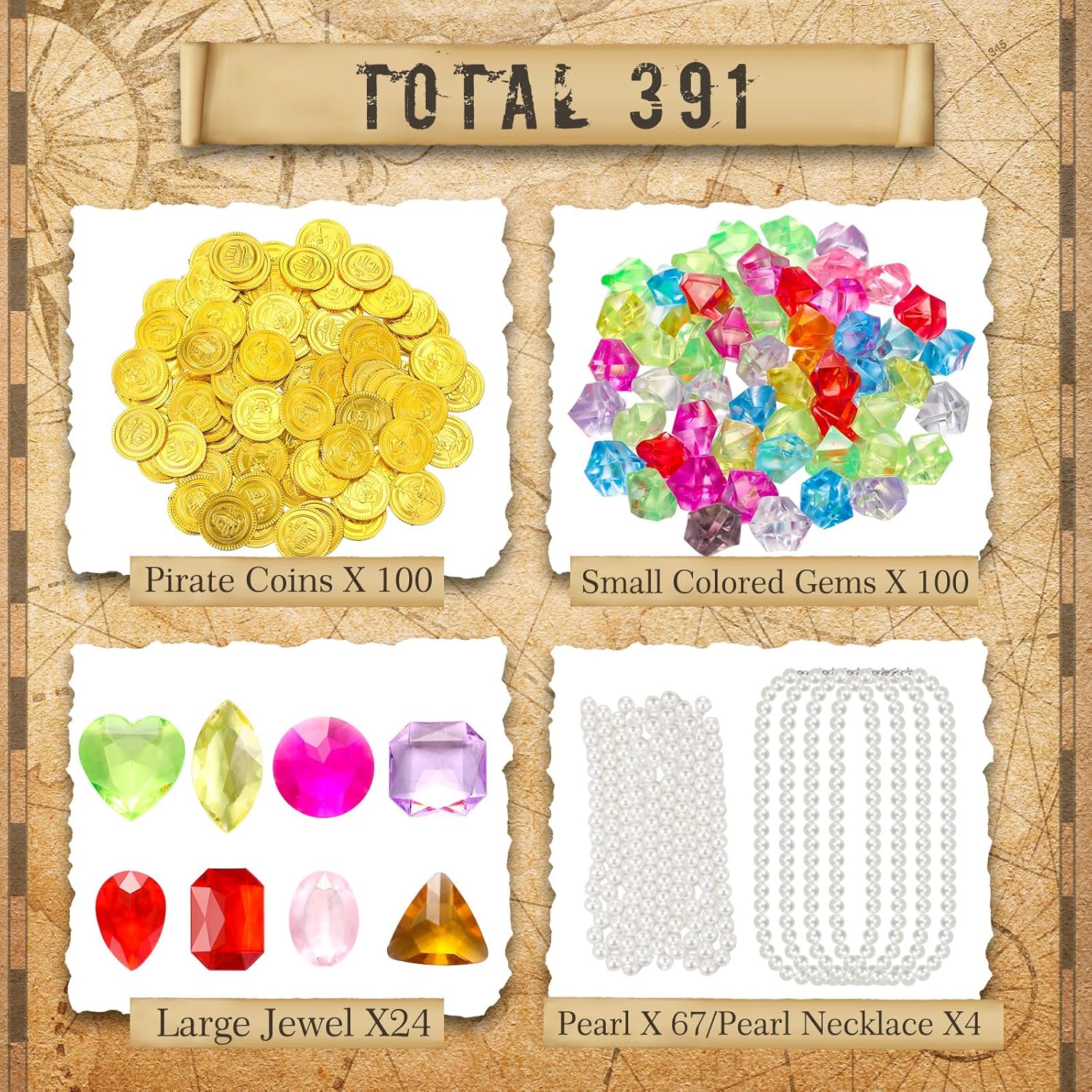 Juego de 319 monedas falsas de oro pirata, tesoro pirata, gemas y joyas piratas de plástico, decoración de fiesta pirata, tesoro para aventuras