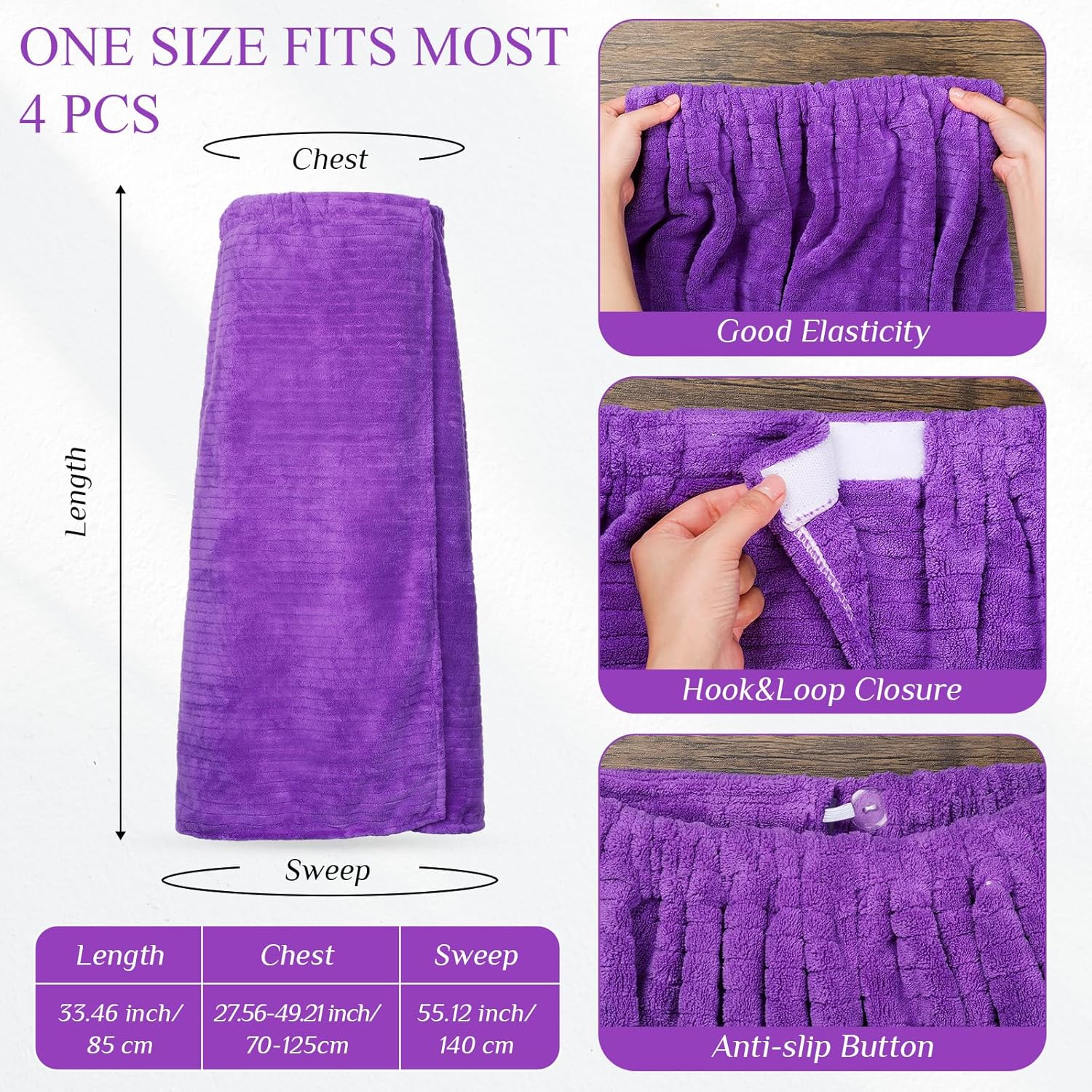 4 toallas de spa para mujer, bata de spa con cierre ajustable, parte superior elástica, envolturas ligeras para baño y ducha (morado, rayas)