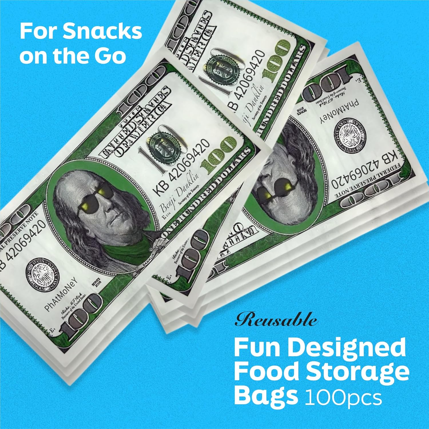Paquete de 100 bolsas de papel resellables con diseño de dinero, 3.5 bolsas de almacenamiento para aperitivos de 3 x 6 pulgadas