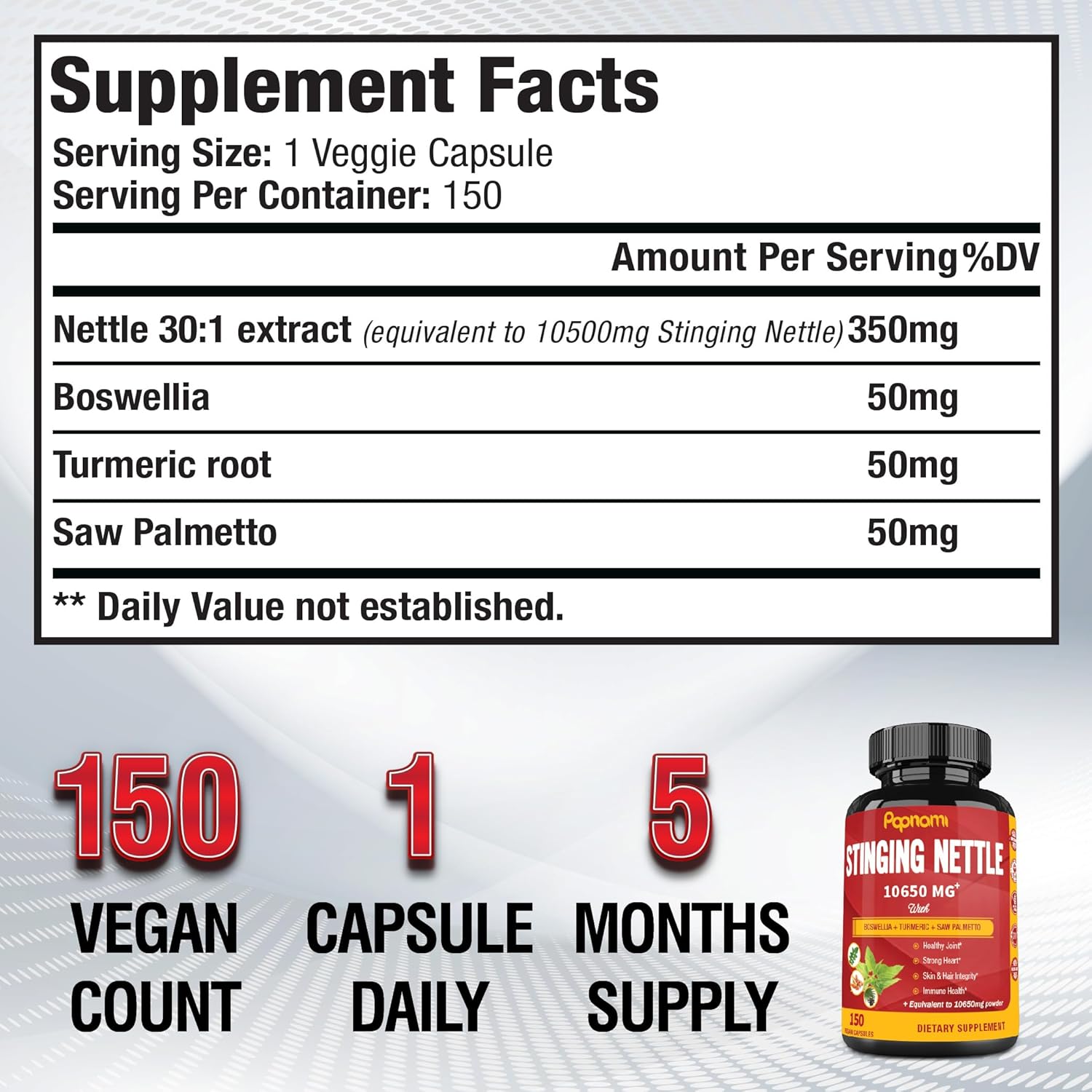 Cápsulas de extracto de ortiga picante de 10650 mg – 4 en 1 combinadas con boswellia, cúrcuma y palma enana americana – 150 unidades durante 5 meses