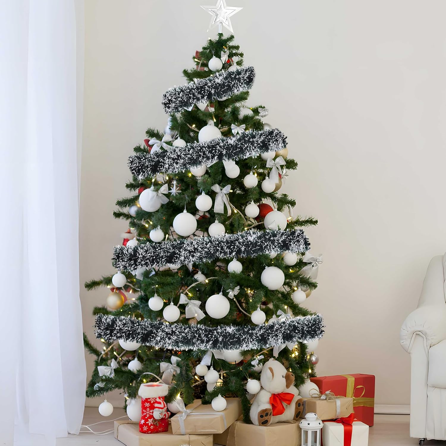 Guirnalda de oropel de Navidad de 32.8 pies, guirnalda metálica colgante verde negruzco con borde blanco para decoración de árbol de Navidad,