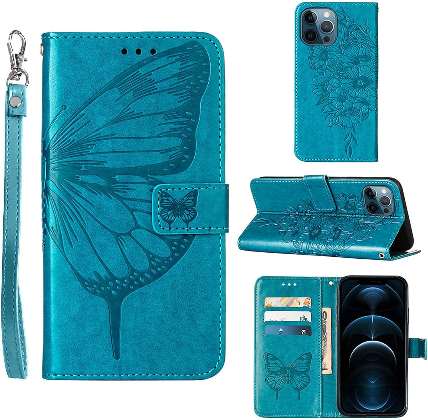 Funda tipo cartera compatible con iPhone 12  iPhone 12 Pro, función atril, correa de muñeca, ranuras para tarjetero, diseño floral de mariposa en