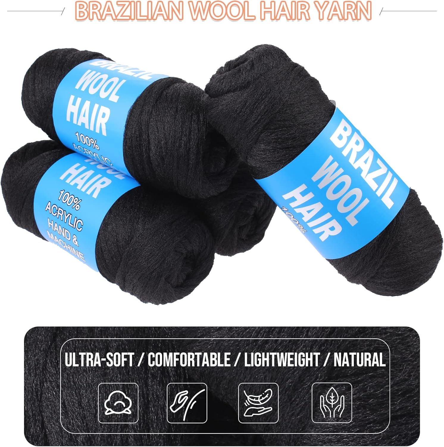 2 piezas de pelo brasileño negro natural de lana para trenzas, acrílico tejido a mano para trenzar el cabello, extensiones de cabello sintético,