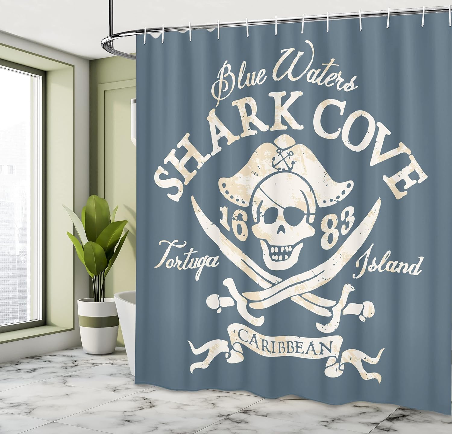 Ambesonne Cortina de ducha pirata, Shark Cove Tortuga Island Caribbean Waters Retro Jolly Roger, juego de decoración de baño de tela con ganchos, 69