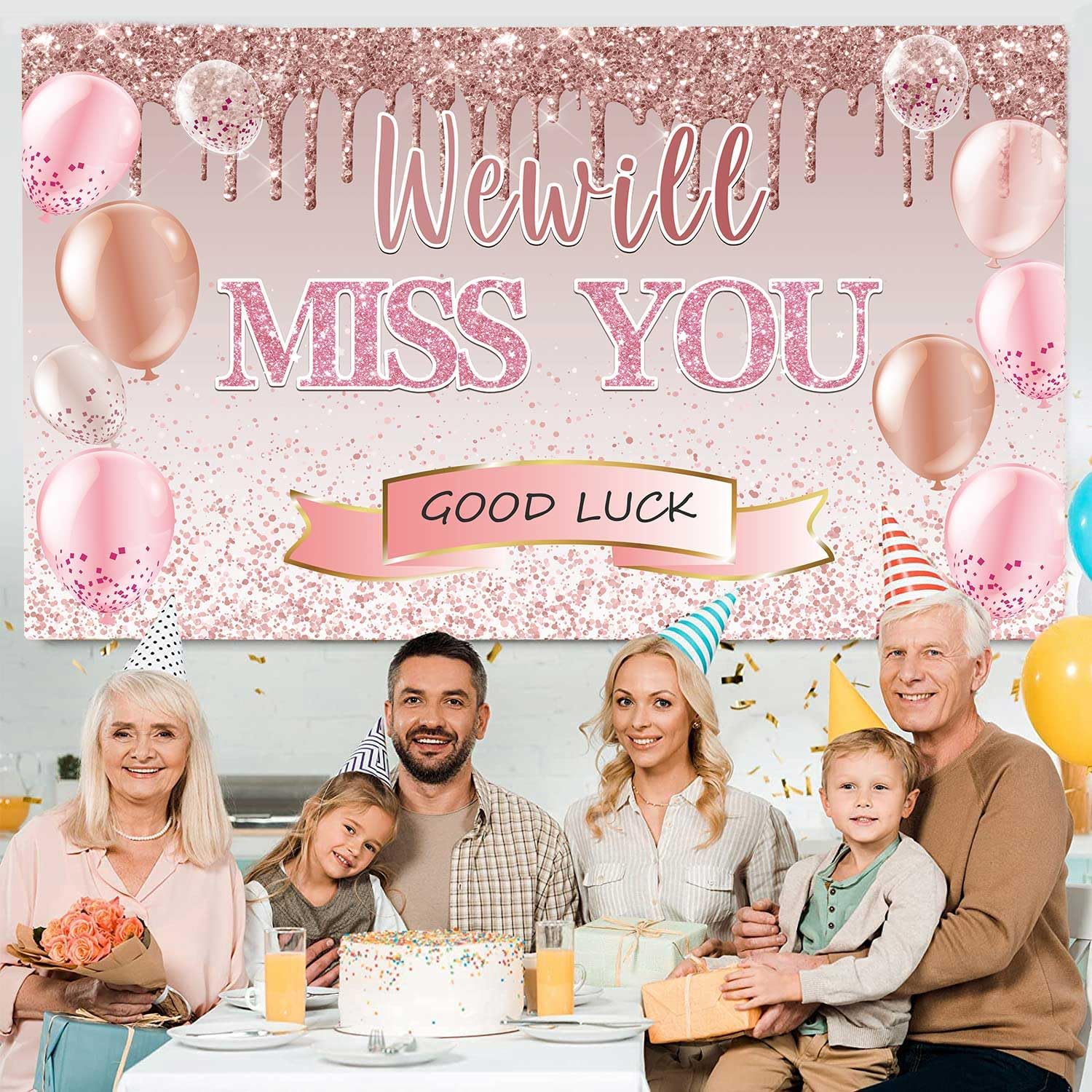 Telón de fondo de oro rosa de 5.9 x 3.6 pies con texto en inglés “We Will Miss You” para mujer, pancarta de buena suerte para decoración de fiesta