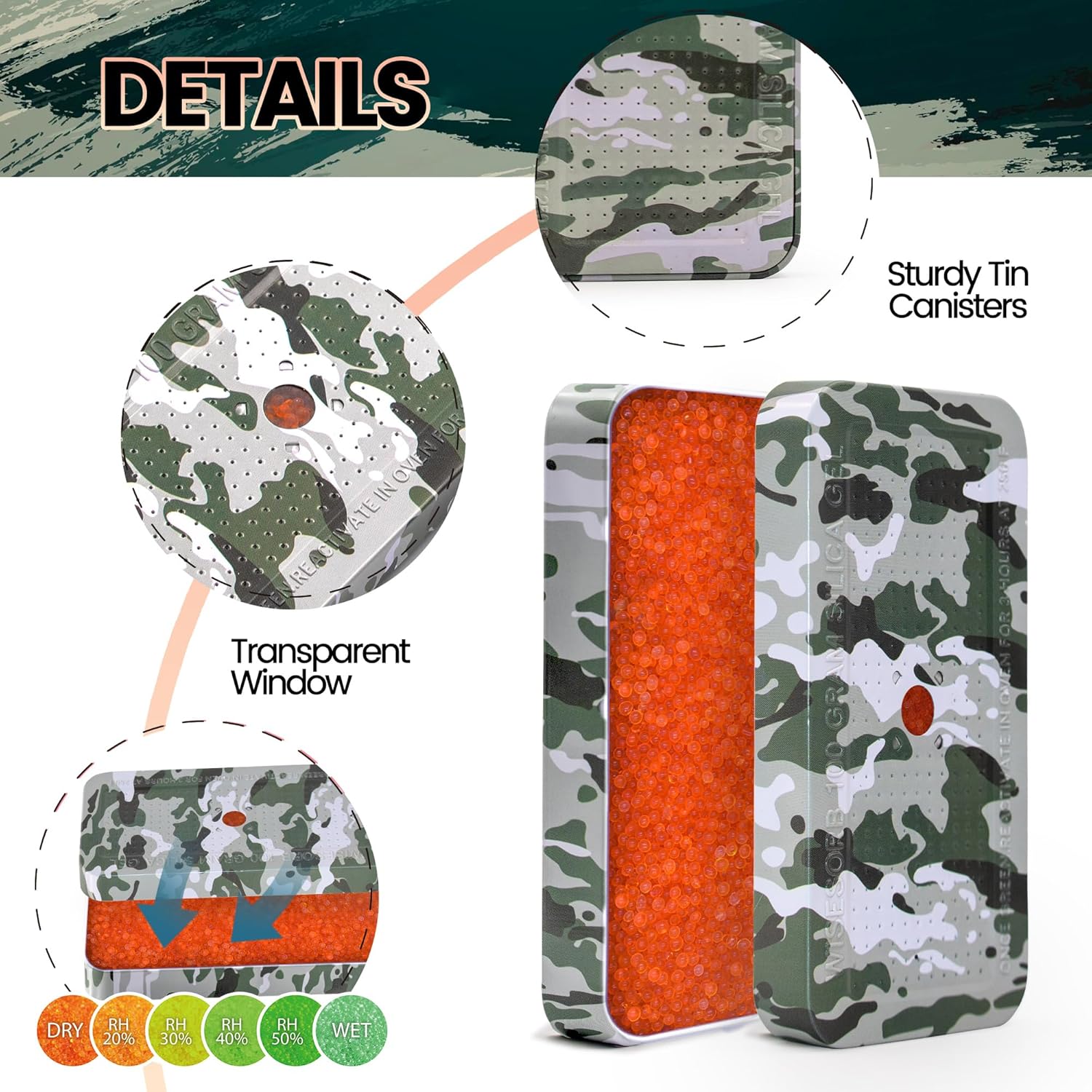 Wisesorb Deshumidificador seguro para pistola de 3.53 onzas, paquete de 20 paquetes de gel de sílice reutilizables con patrón de camuflaje,