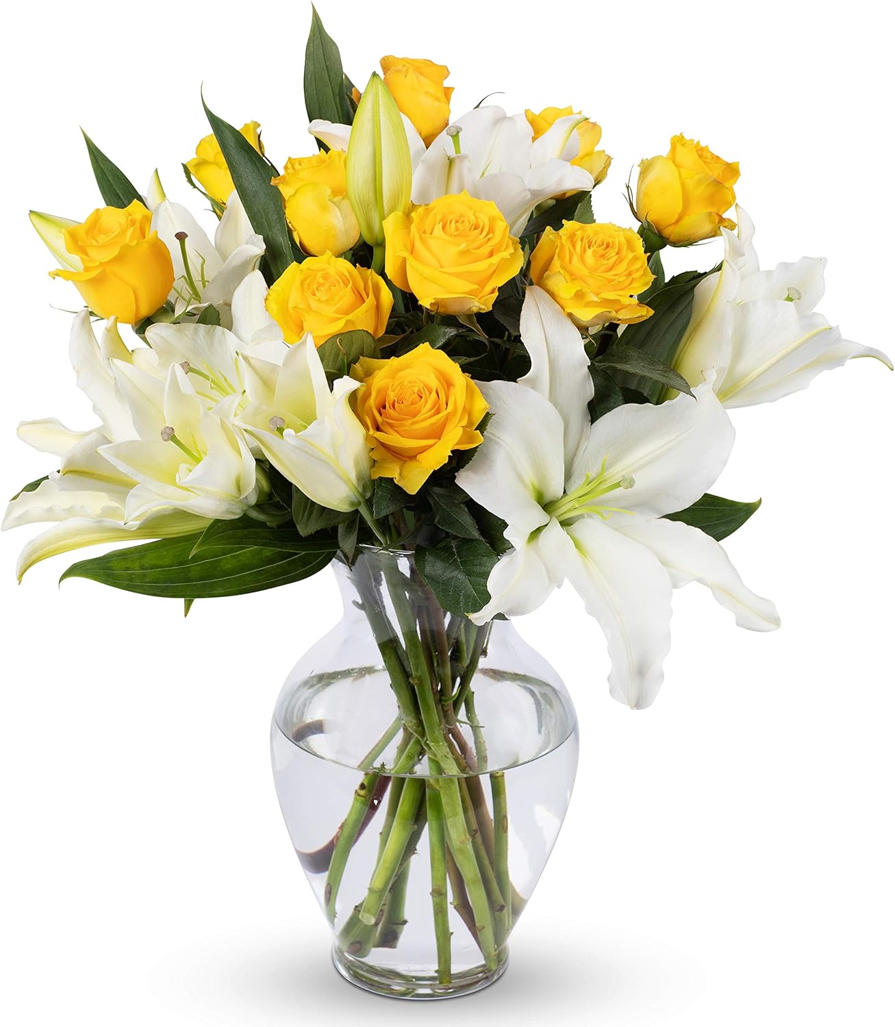 Benchmark Bouquets – Rosas amarillas y lirios, jarrón incluido, flores frescas cortadas y cultivadas, regalo para decoración del hogar, cumpleaños,