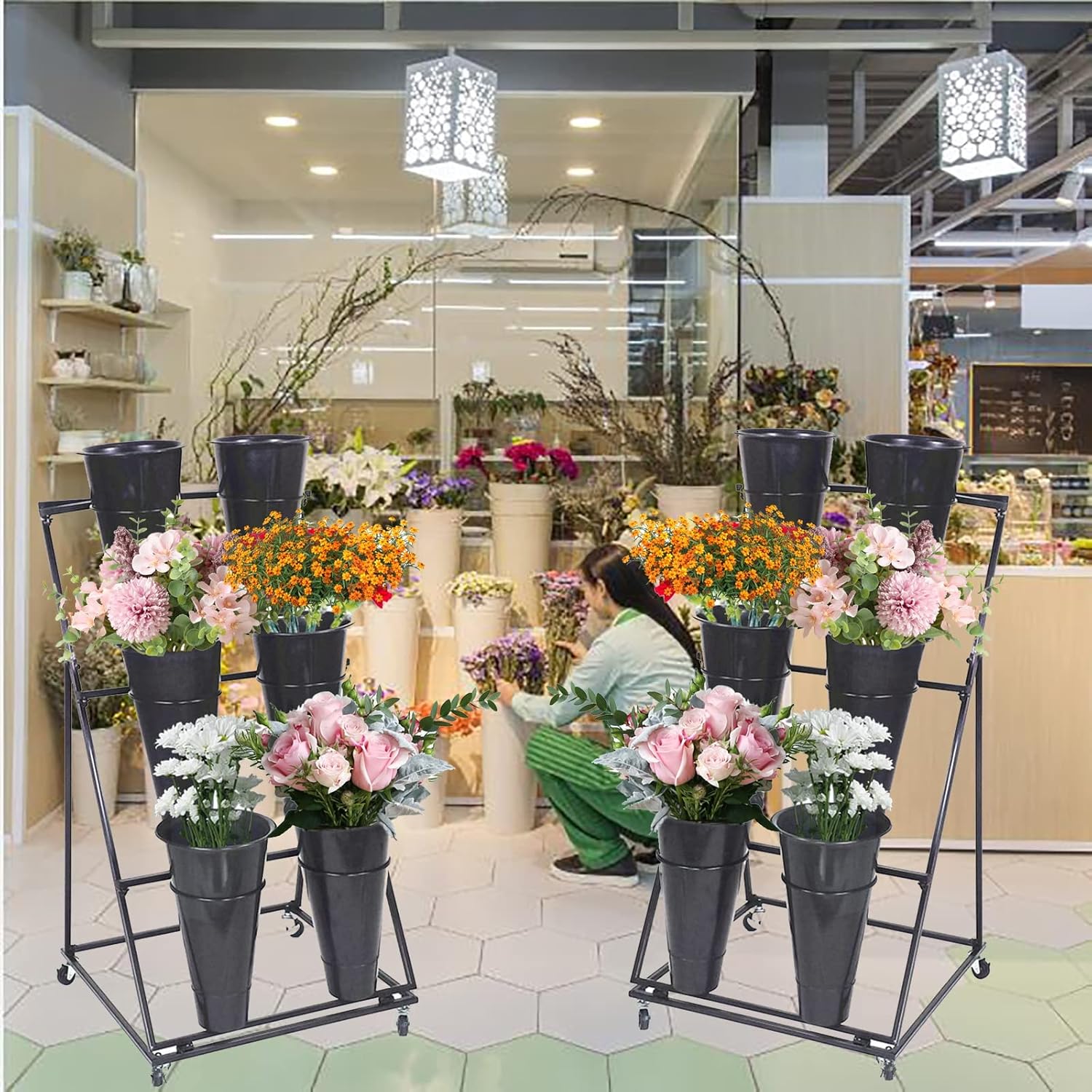 Soporte de exhibición de flores, estante móvil para carrito de plantas con ruedas, con cubos de plástico, fácil de instalar, soporte escalonado para
