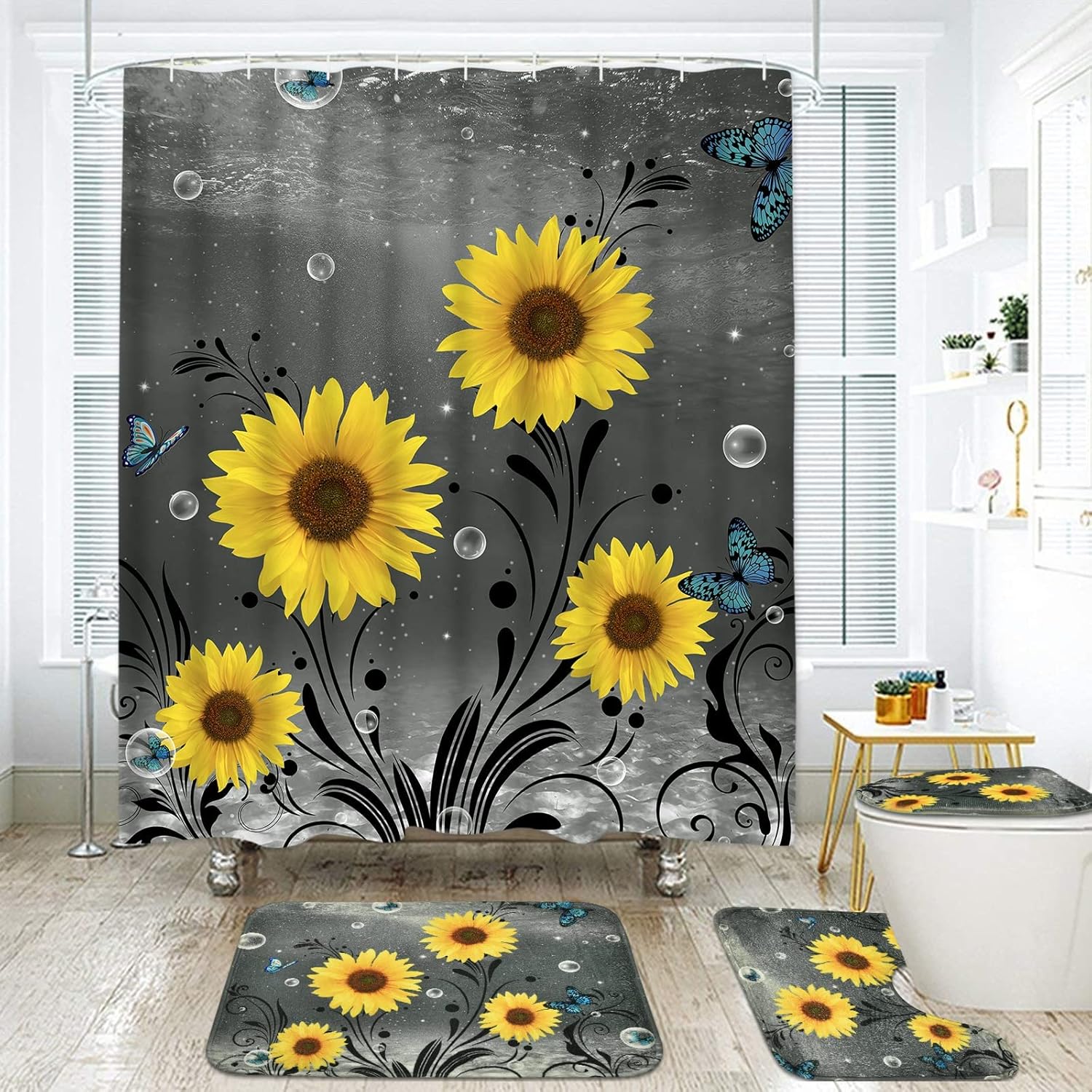 Ikfashoni Juego de 4 cortinas de ducha de girasol con alfombras, cubierta de tapa de inodoro, cortina de ducha de mariposa azul con 12 ganchos,