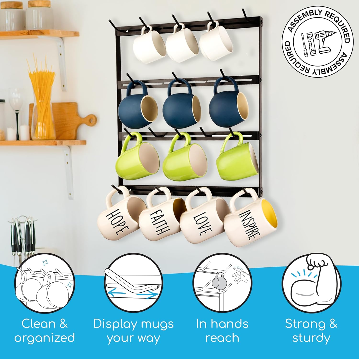 Estante de pared para tazas  Estante personalizable para tazas de pared, con ganchos ajustables. Estante para tazas de café, montado en la pared o