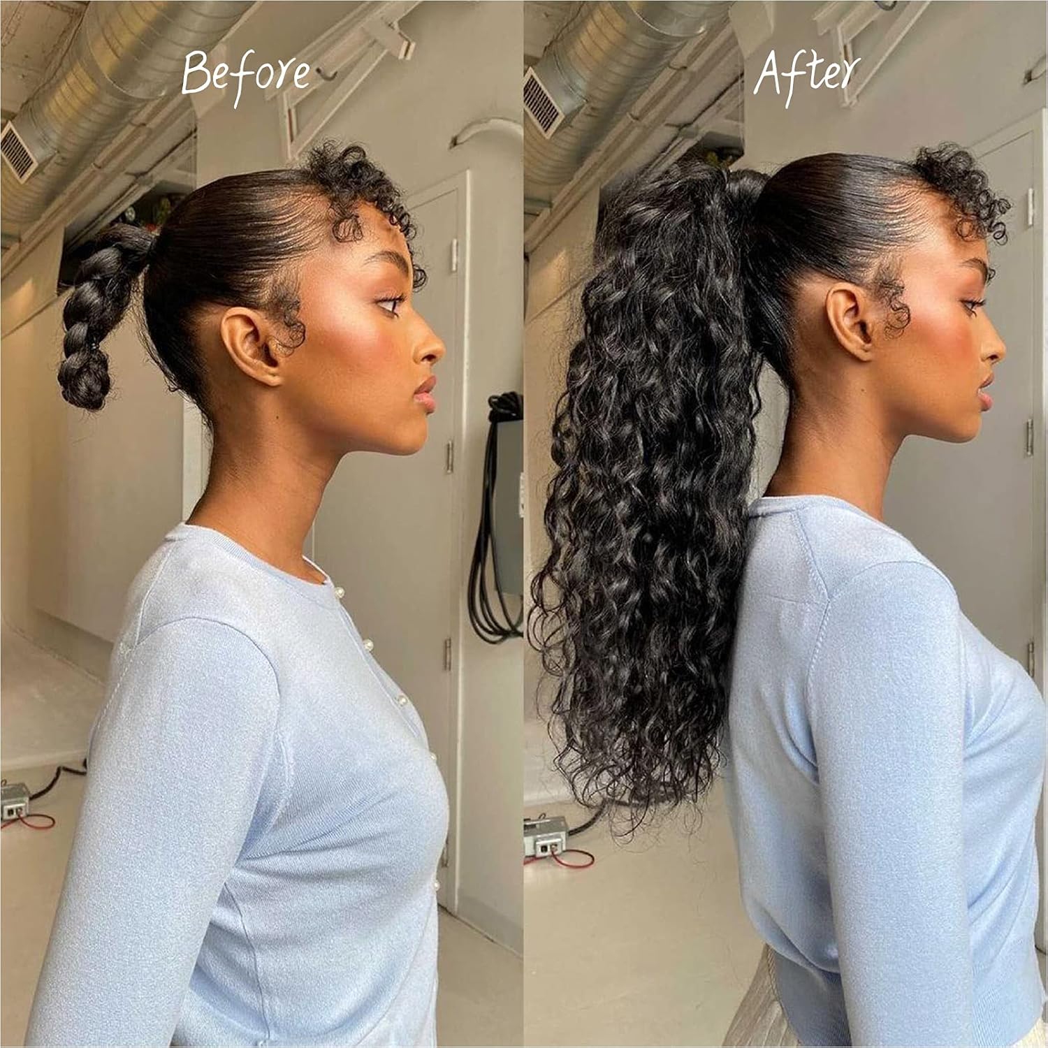 Extensiones de cola de caballo rizadas de 24 pulgadas, cabello sintético de onda profunda con cordón para mujeres negras, sensación de cabello