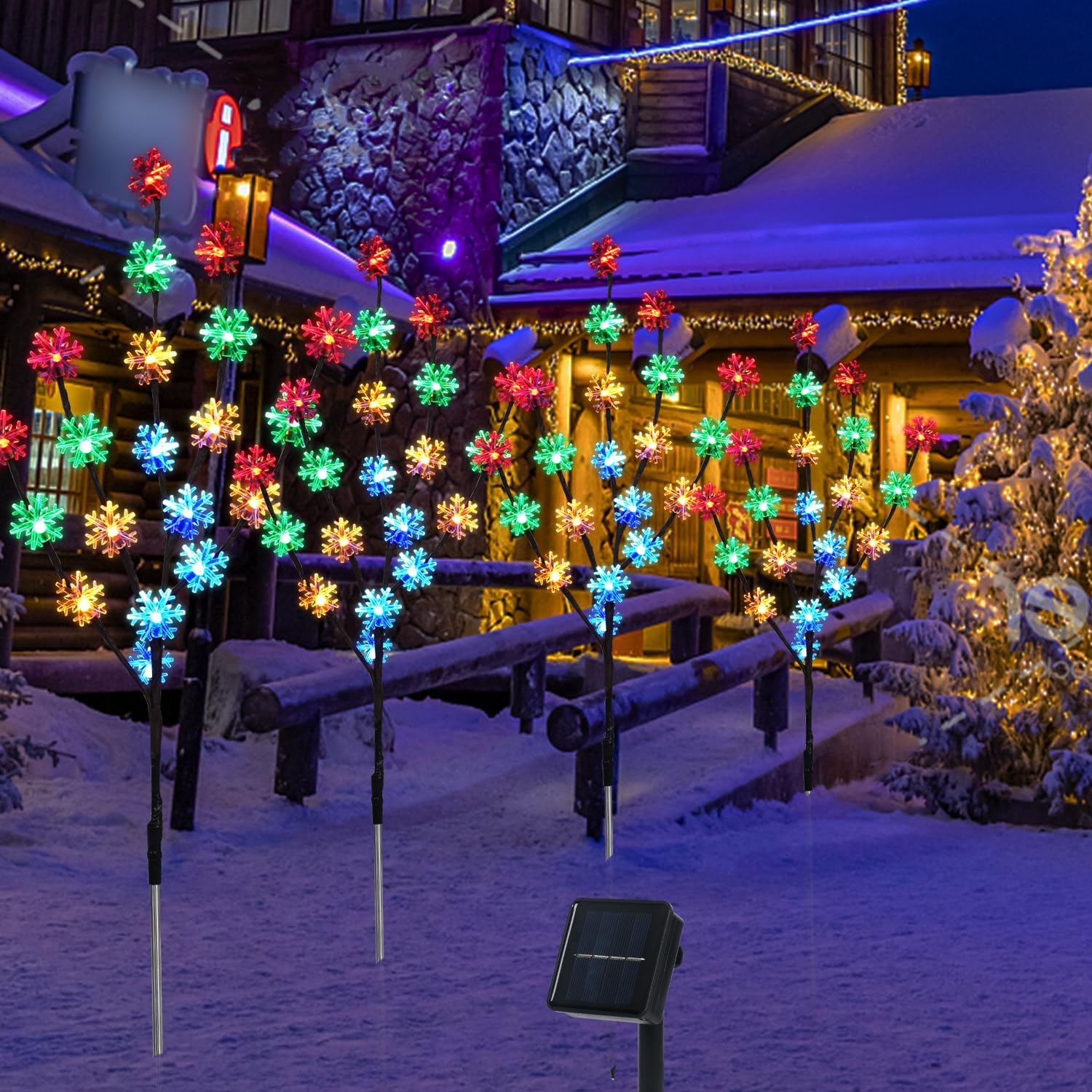 Aovciust Decoraciones de Navidad al aire libre, 4 juegos de luces solares para árbol de Navidad con 80 luces C6 multicolor de copo de nieve,