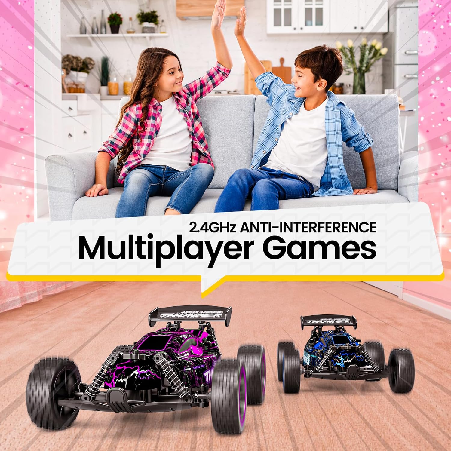 Tecnock Autos RC para niñas y niños, auto a control remoto a escala 118 con luces LED, 2.4 GHz 2WD todo terreno con 2 baterías recargables para