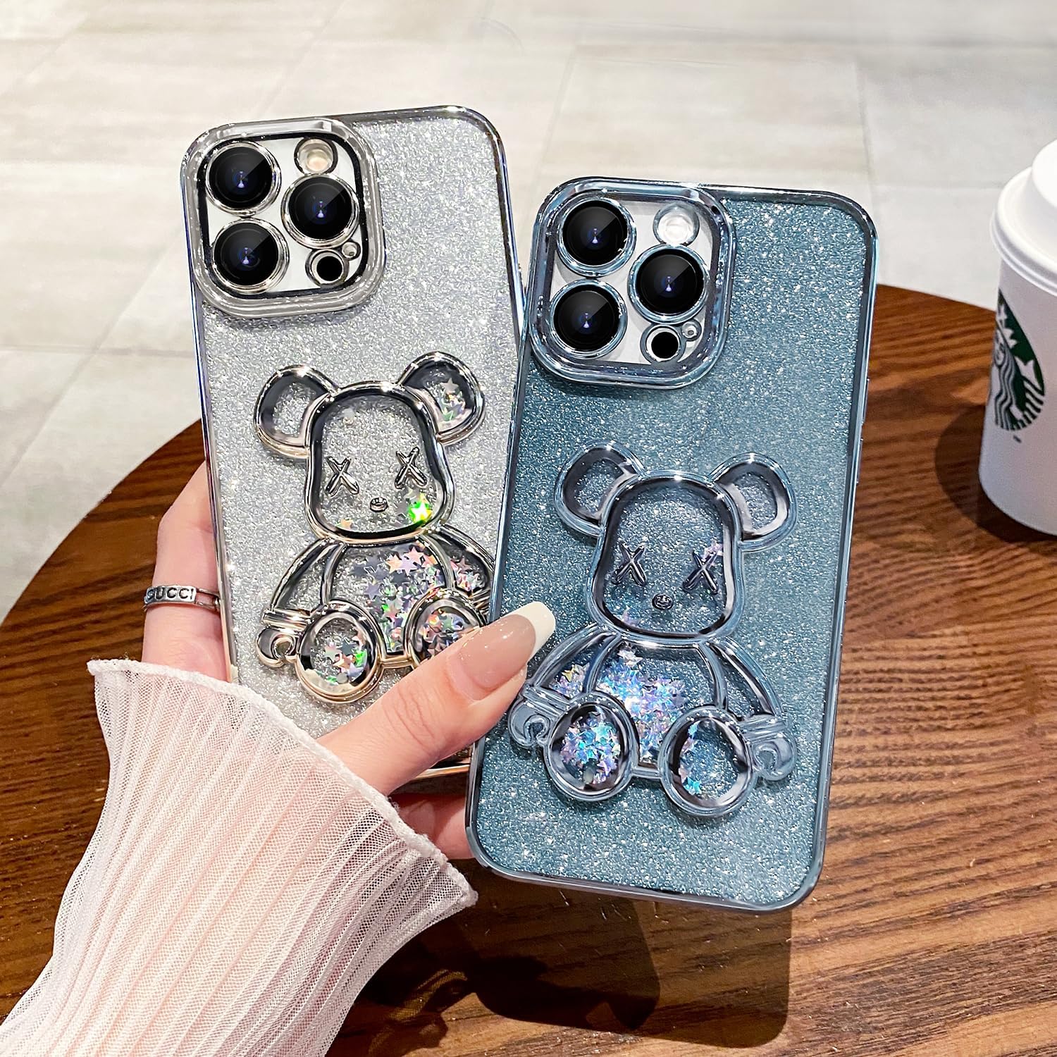 MANLENO Funda galvanizada con diseño de oso 3D para iPhone 15 Pro Max para mujer, funda protectora de cuerpo completo con purpurina flotante y