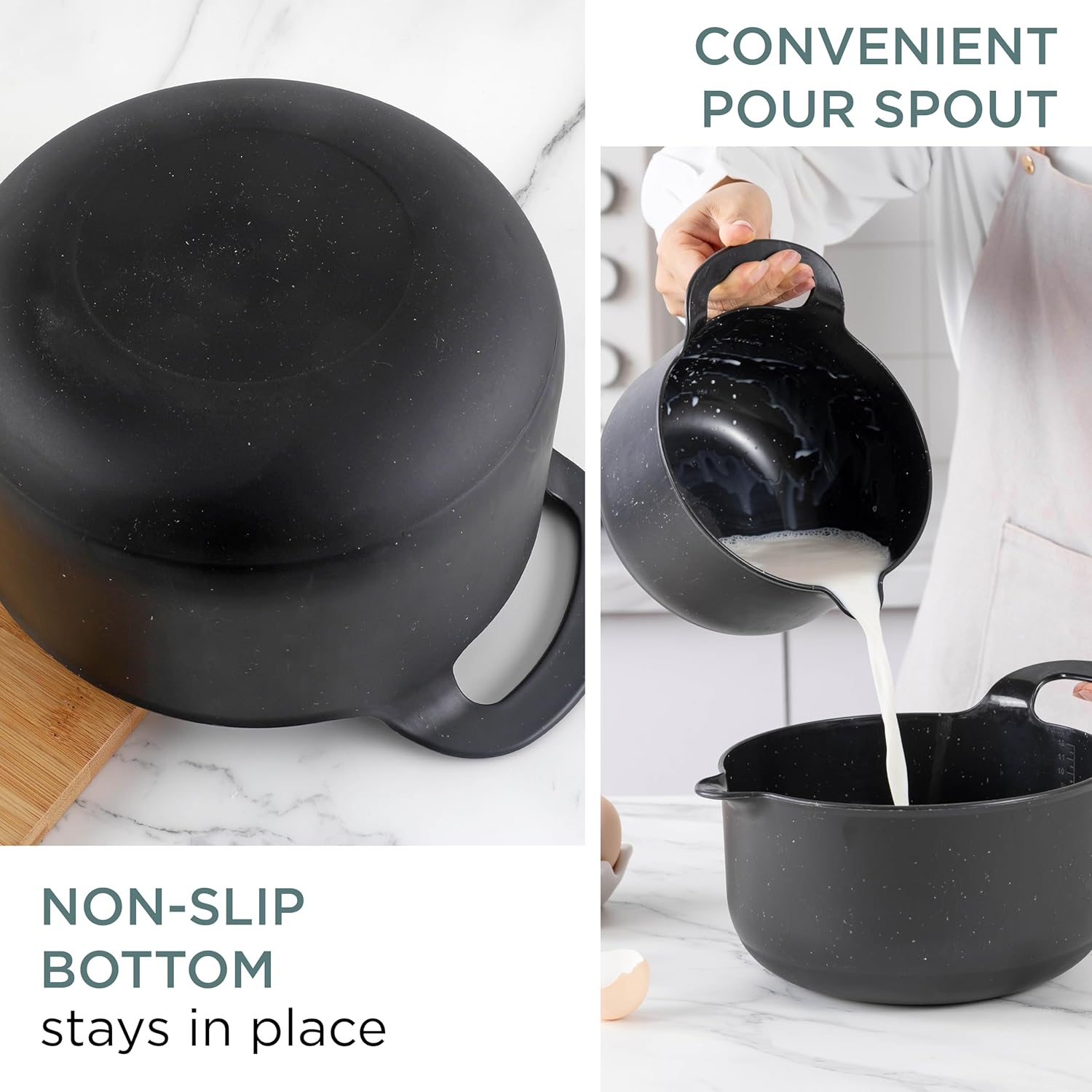 COOK WITH COLOR Nesting – Juego de cuencos de plástico para mezclar con boquillas y asas, negro moteado, 4 piezas antideslizantes