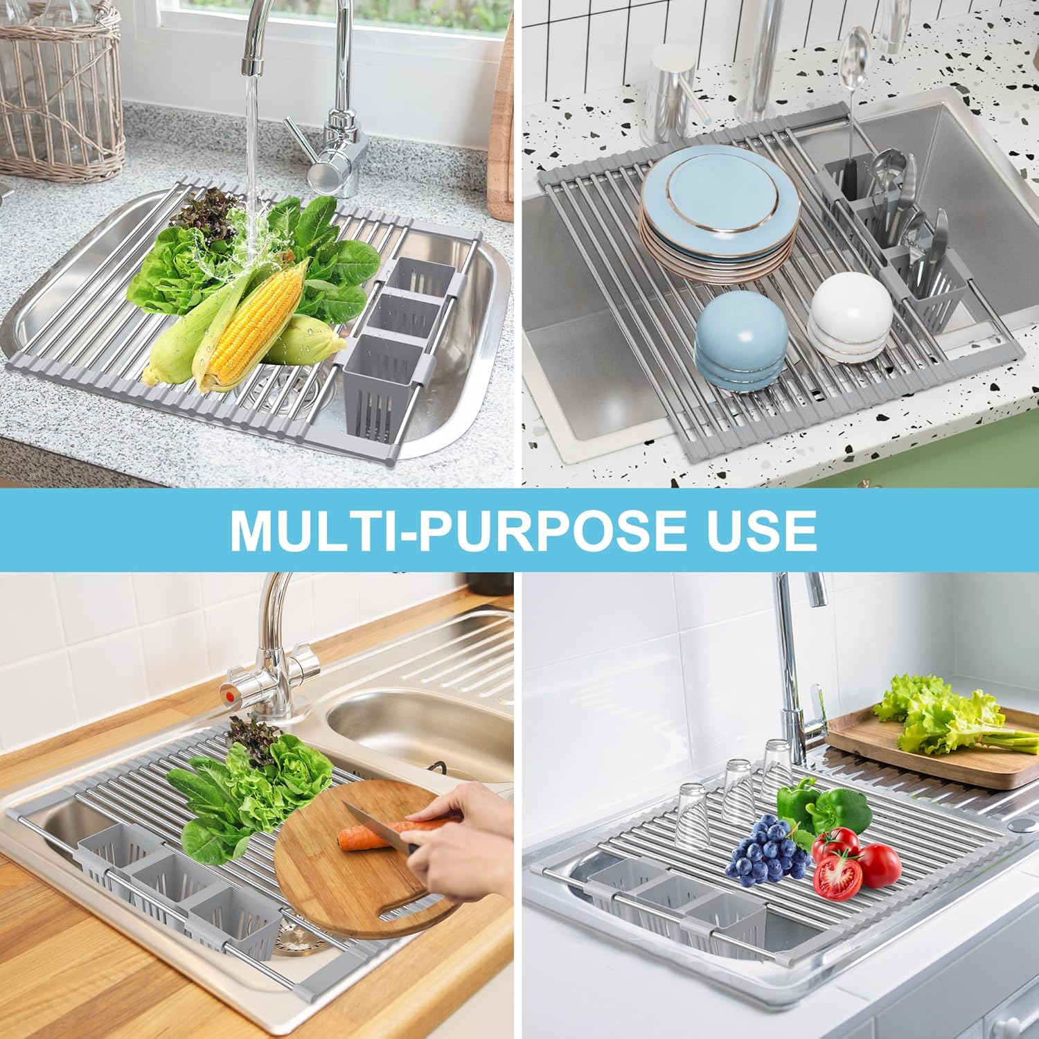 BBXTYLY Escurridor de platos enrollable con cesta de almacenamiento, cubierta para fregadero de cocina, escurridor de platos plegable, de acero