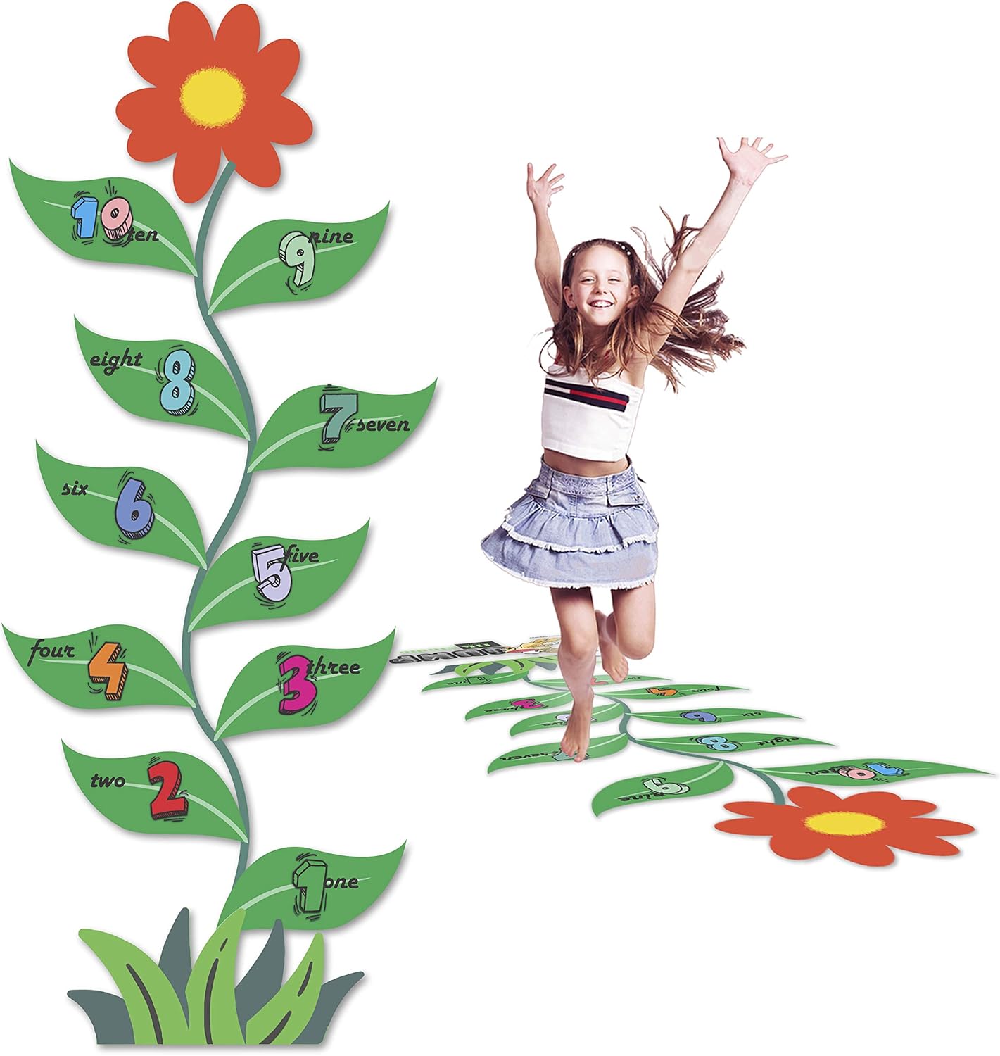 Calcomanías sensoriales de camino para decoración de aula, para suelo y pared, calcomanías de piso con números y flores para aumentar las
