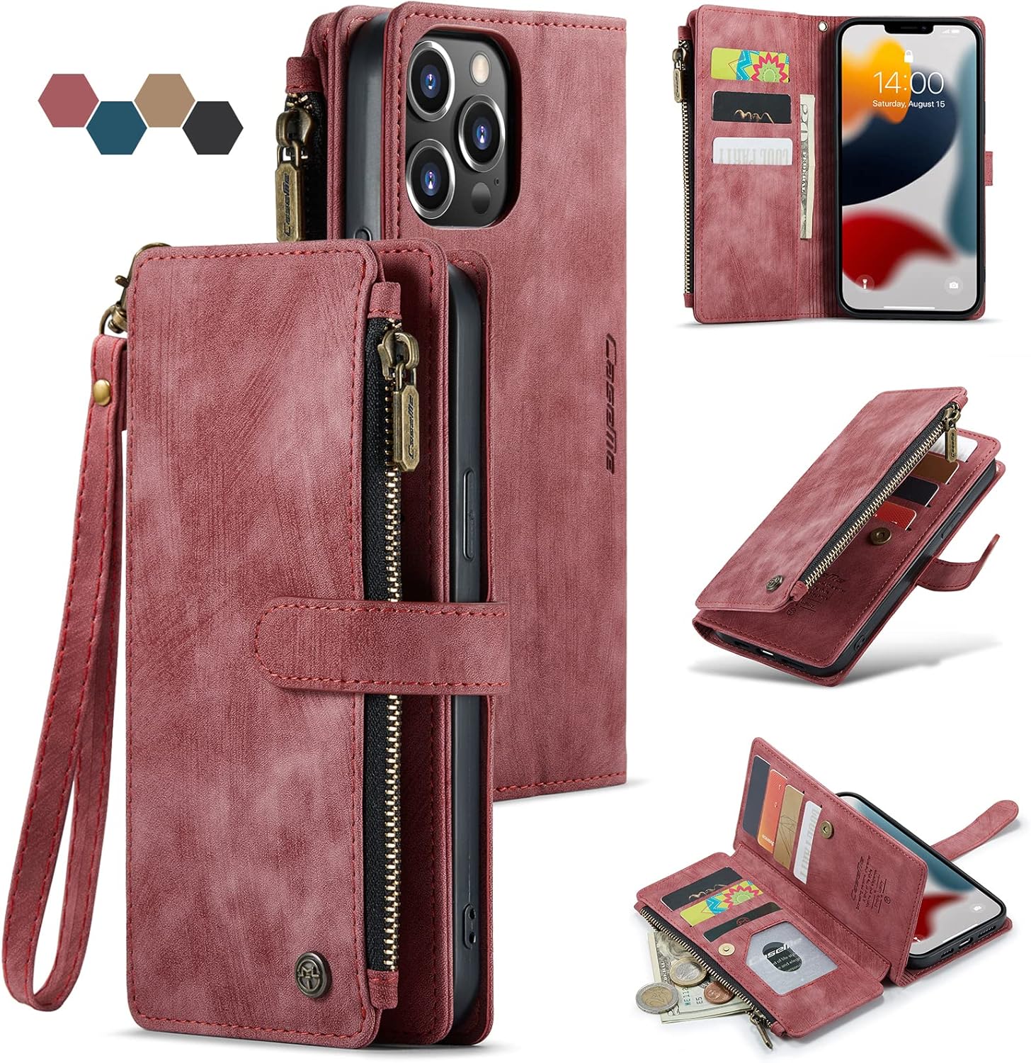 Funda tipo cartera para iPhone 13 Pro Max 5G con soporte para tarjetas, soporte magnético con cremallera, bolsillo y correa de muñeca, funda de