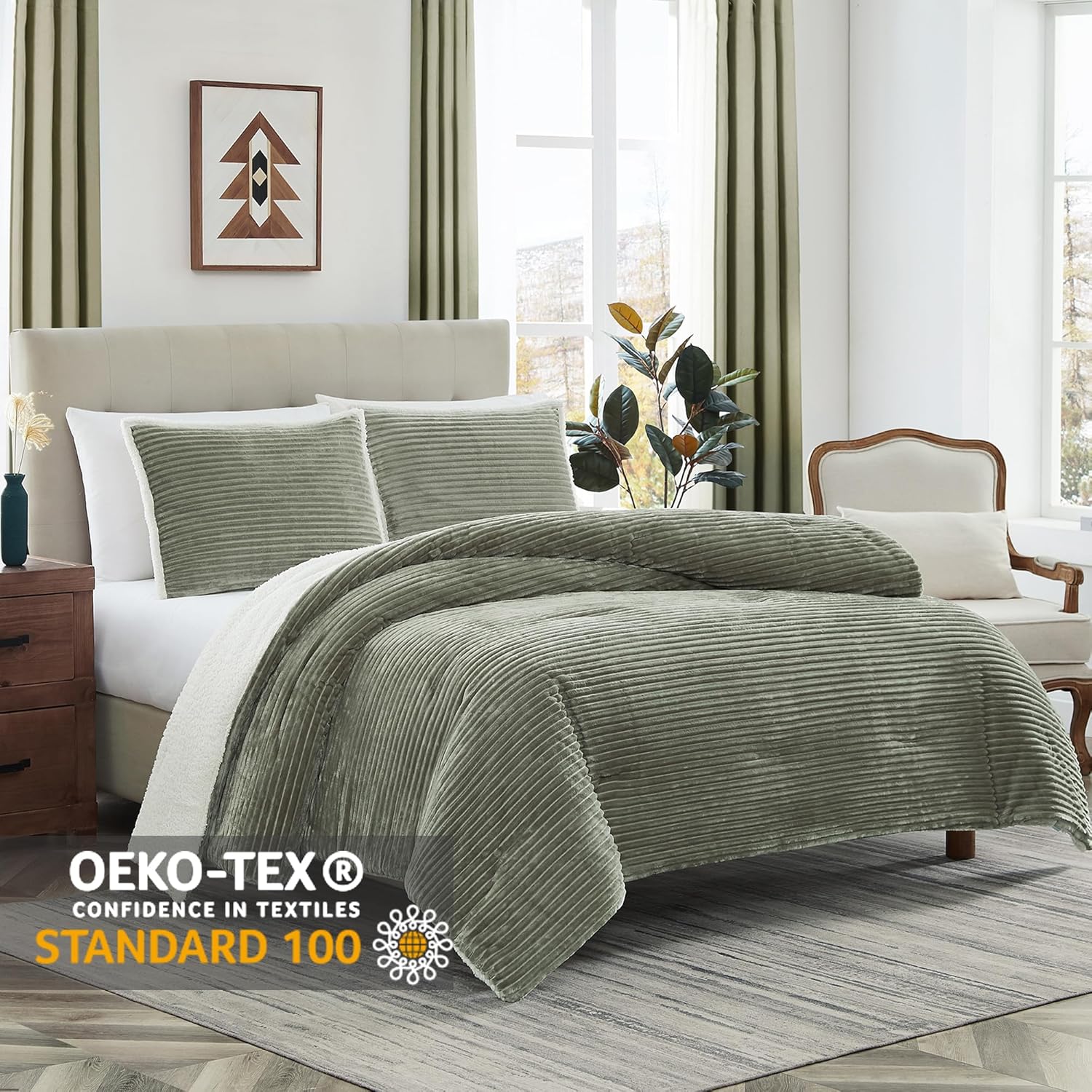 Geniospin Juego de edredón tamaño individual, juego de ropa de cama de forro polar sherpa de microfelpa ultrasuave, color verde salvia, juego de