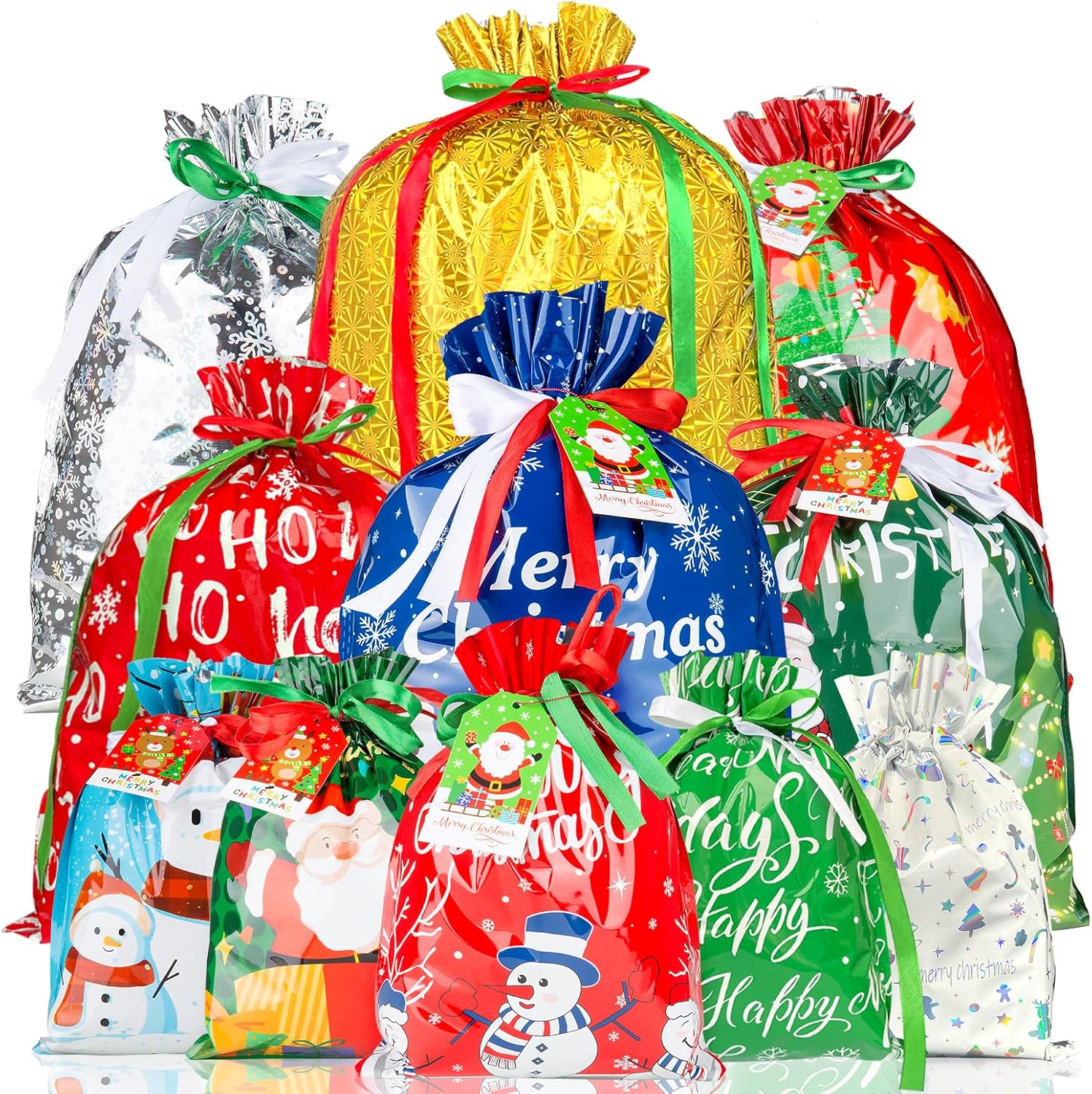 Regalo de envoltura de 10 segundos  38 bolsas de regalo de Navidad con cordón de varios tamaños pequeños, medianos y grandes, bolsas de regalo de