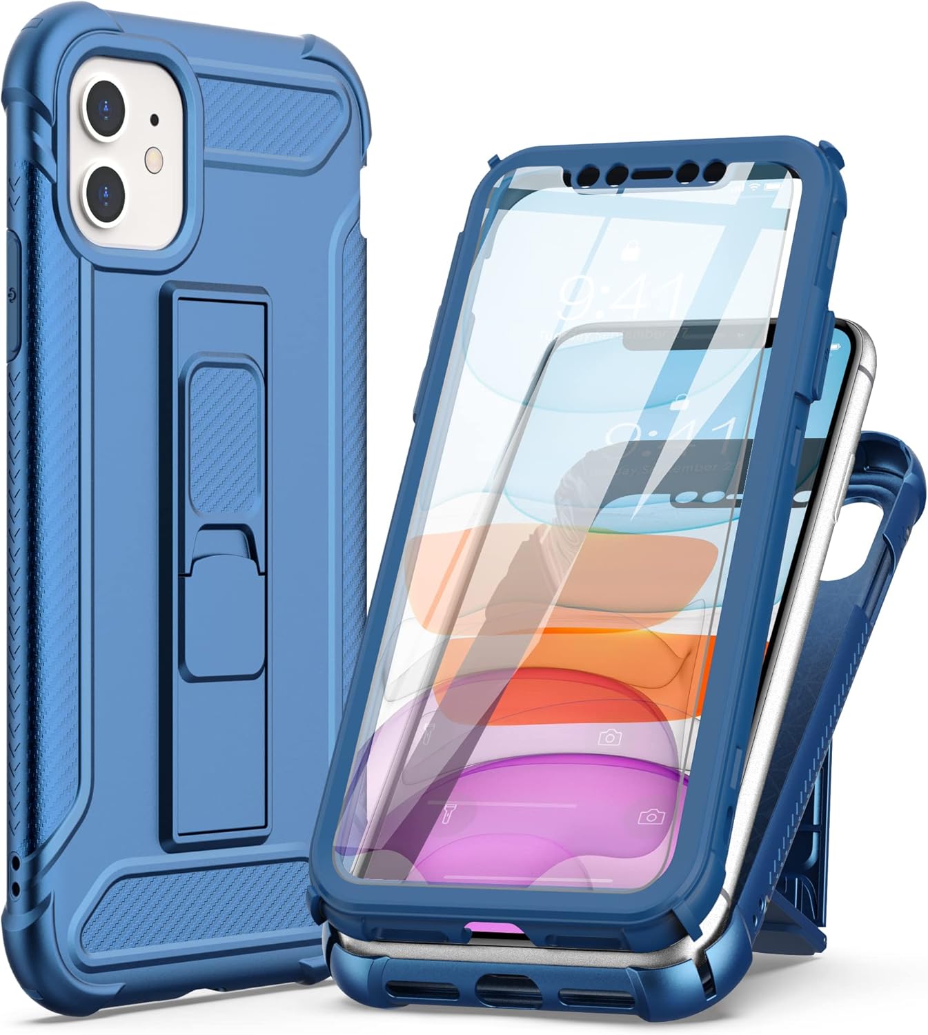 ORETech Funda diseñada para iPhone 11, con 2 protectores de pantalla de vidrio templado Soporte integrado cuerpo completo a prueba de golpes de