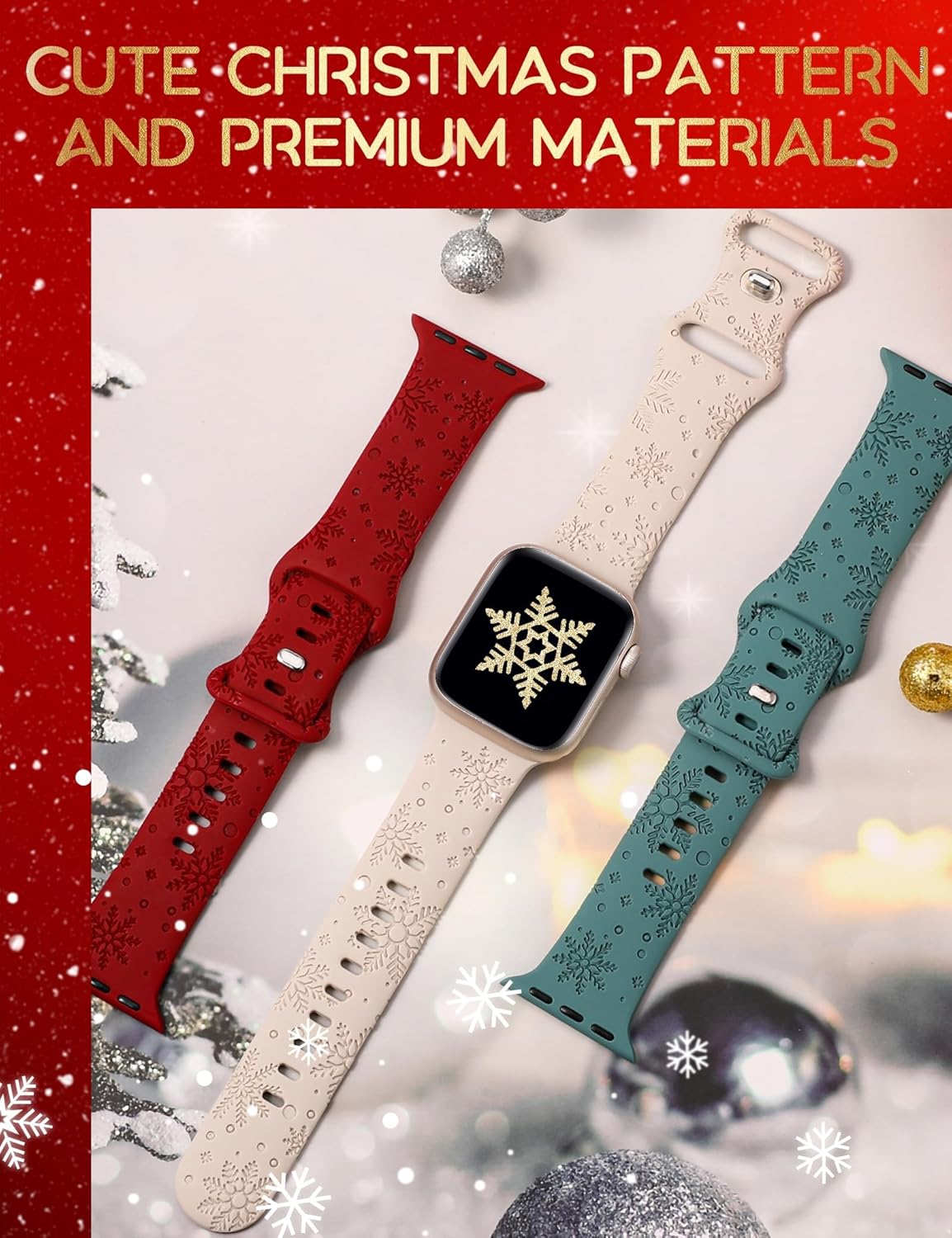 Wearlizer Paquete de 3 bandas grabadas con copos de nieve compatibles con Apple Watch Band de 41401.496 in 4544421.929 in para mujer, correa