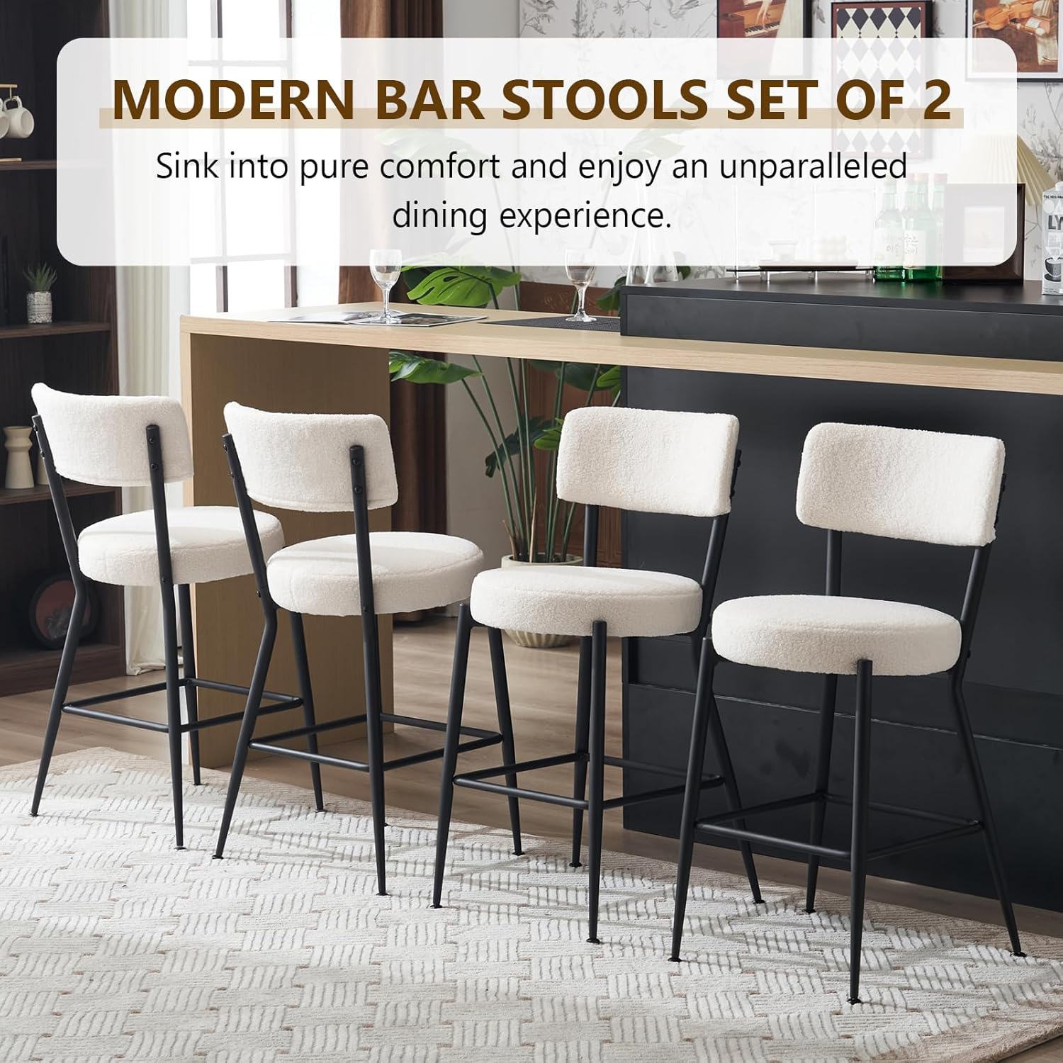 NIOIIKIT Juego de 2 taburetes de bar modernos, cómodos taburetes de comedor tapizados de tela de peluche con patas de metal, taburetes altos con