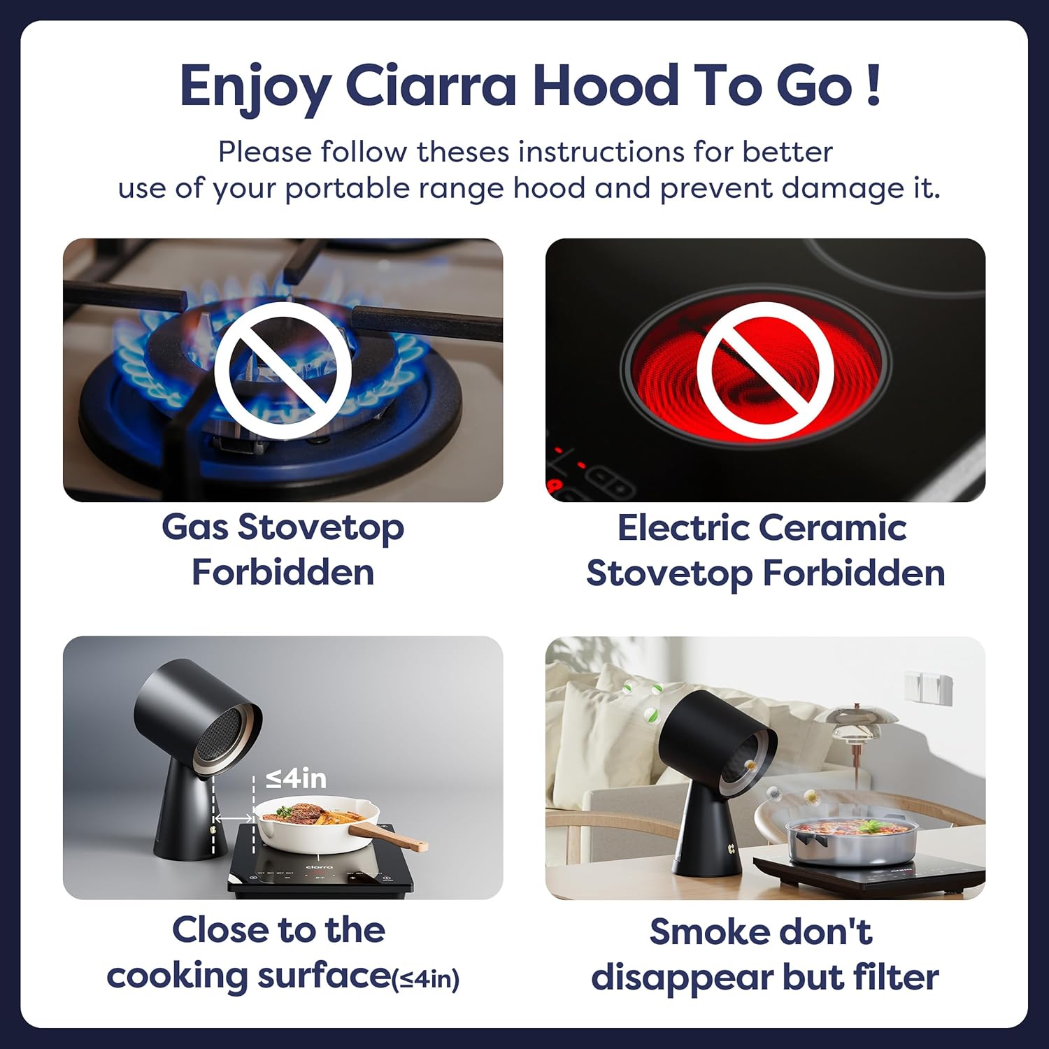 CIARRA Campana extractora portátil, campana extractora de escritorio con ventilador de escape de 2 velocidades, filtro de aluminio desmontable, taza