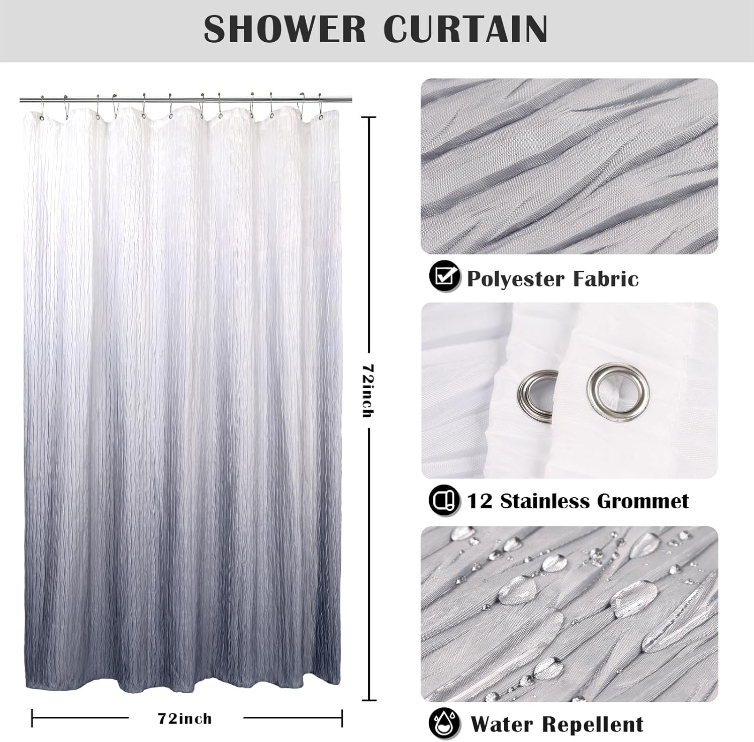 Cortina de ducha de tela texturizada con forro, cortinas de ducha de poliéster degradado para baño, forro de cortina de ducha impermeable con 12