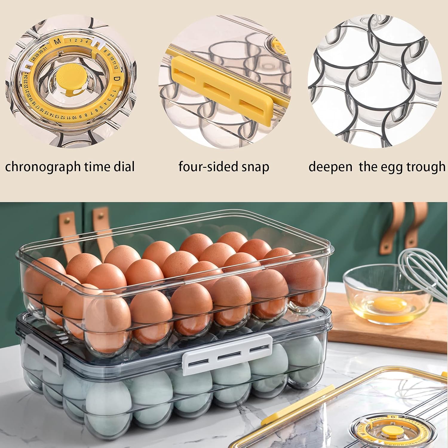Recipiente para huevos, huevera con tapa y hebilla especial, apilables, caja organizadora para el refrigerador de plástico PET, bandeja para 18